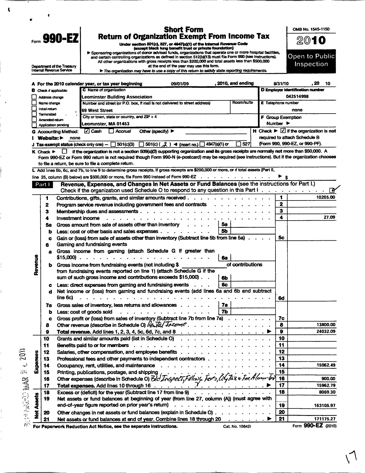 Image of first page of 2009 Form 990EO for Massachusetts Freemasons - Leominster Building Association