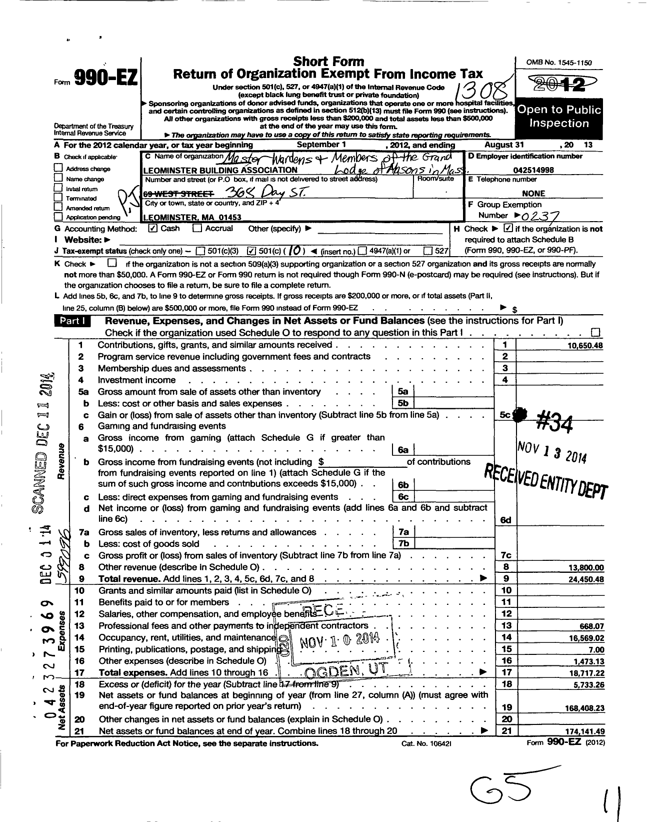 Image of first page of 2012 Form 990EO for Massachusetts Freemasons - Leominster Building Association