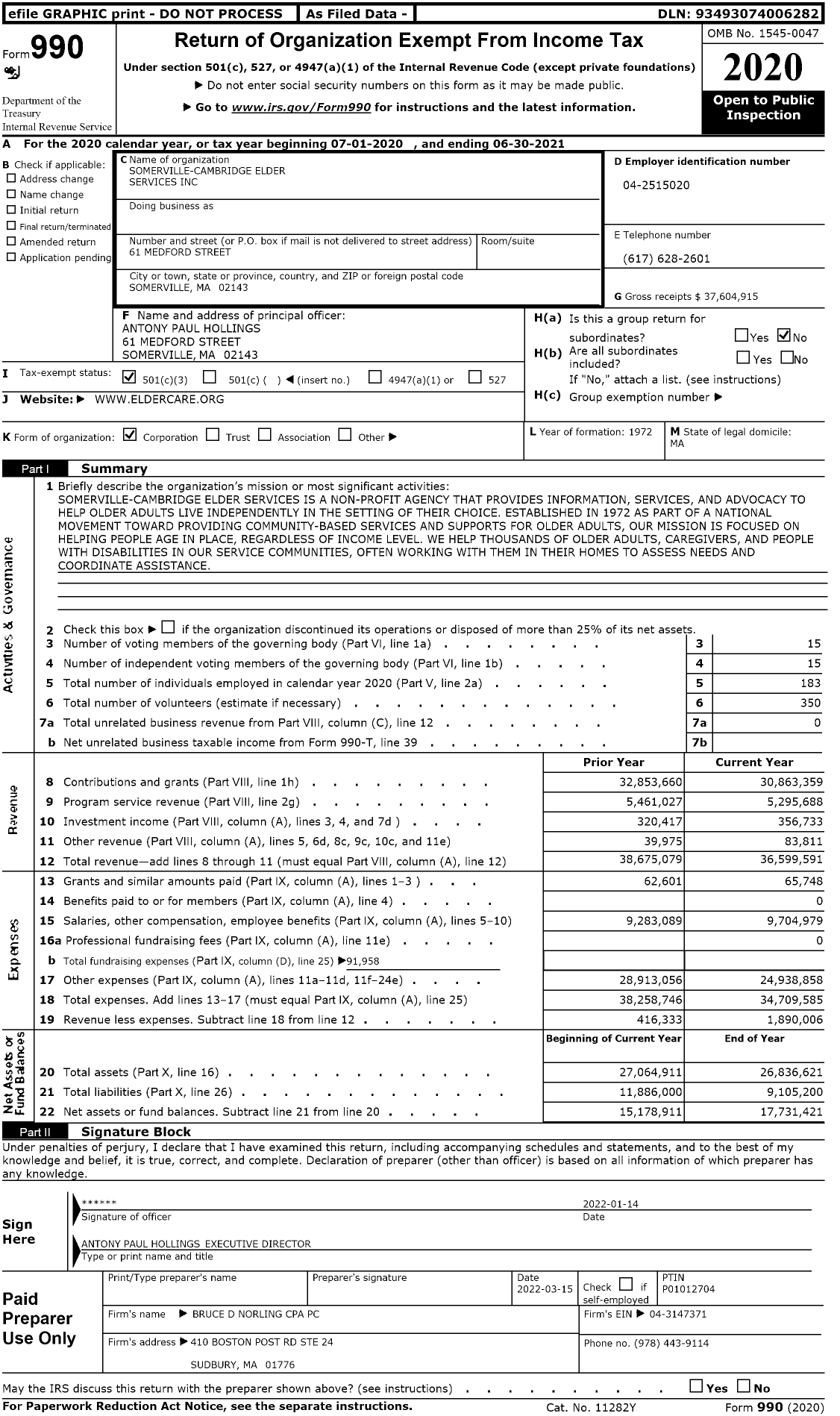 Image of first page of 2020 Form 990 for Somerville-Cambridge Elder Services (SCES)