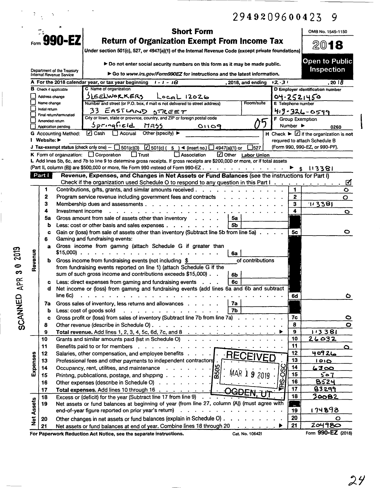Image of first page of 2018 Form 990EO for United Steelworkers Local Union 12026