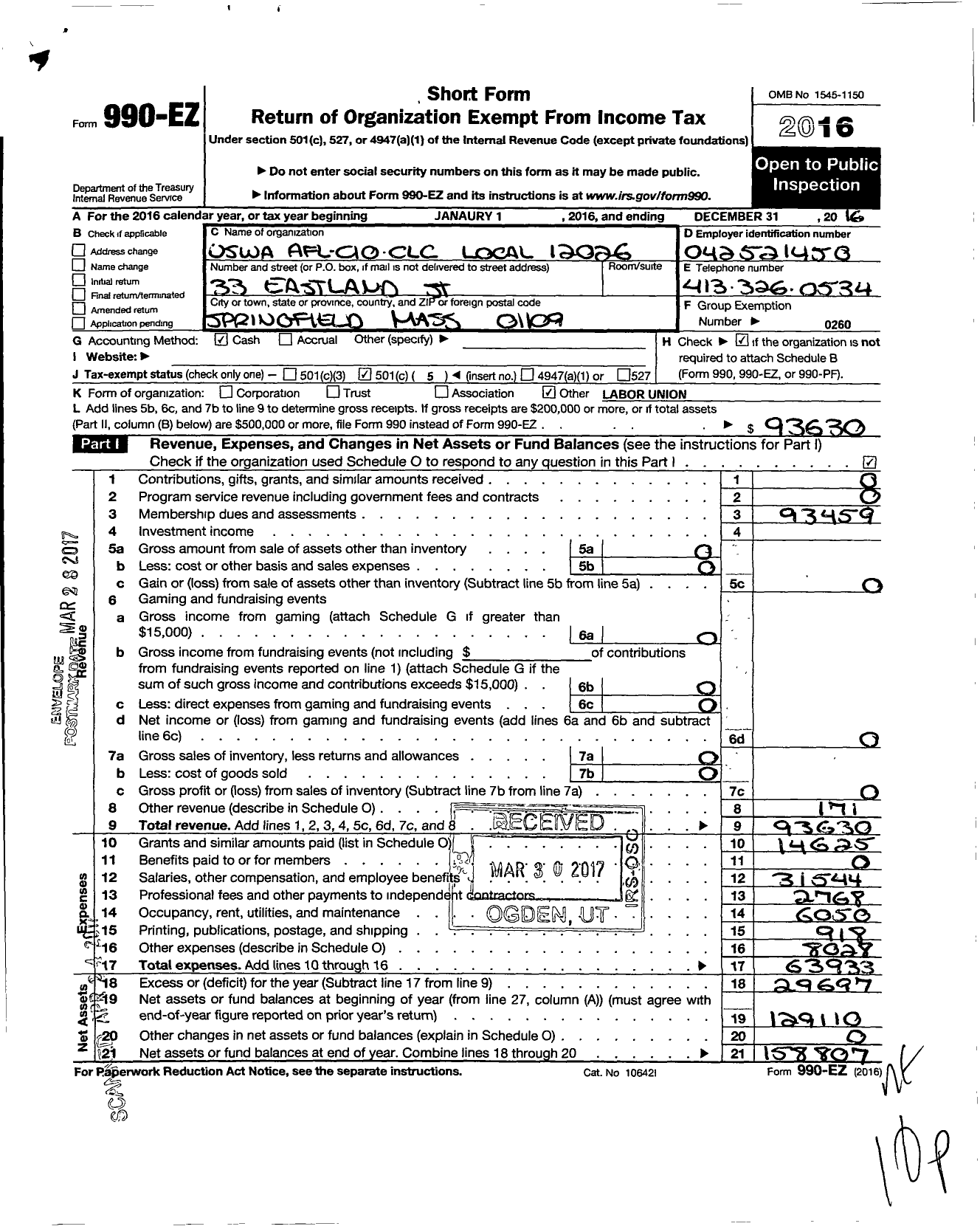 Image of first page of 2016 Form 990EO for United Steelworkers Local Union 12026