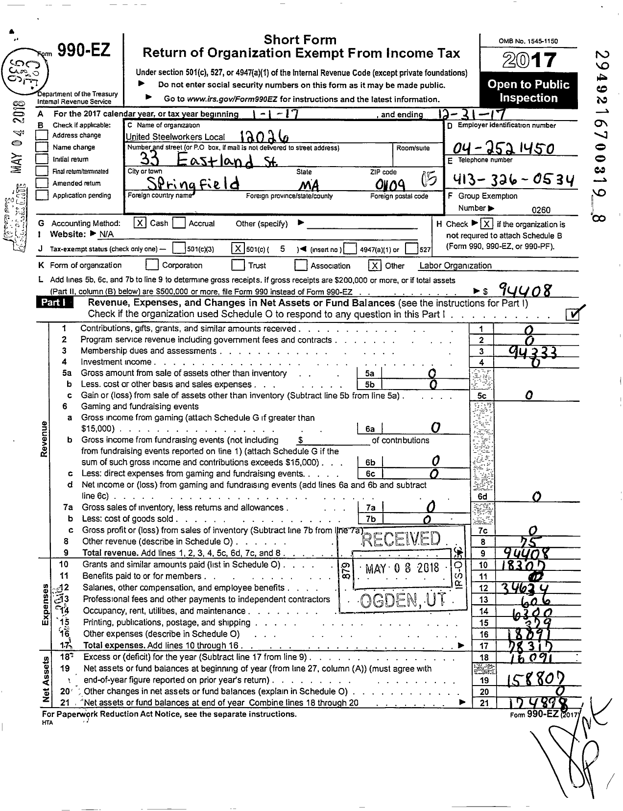 Image of first page of 2017 Form 990EO for United Steelworkers Local Union 12026