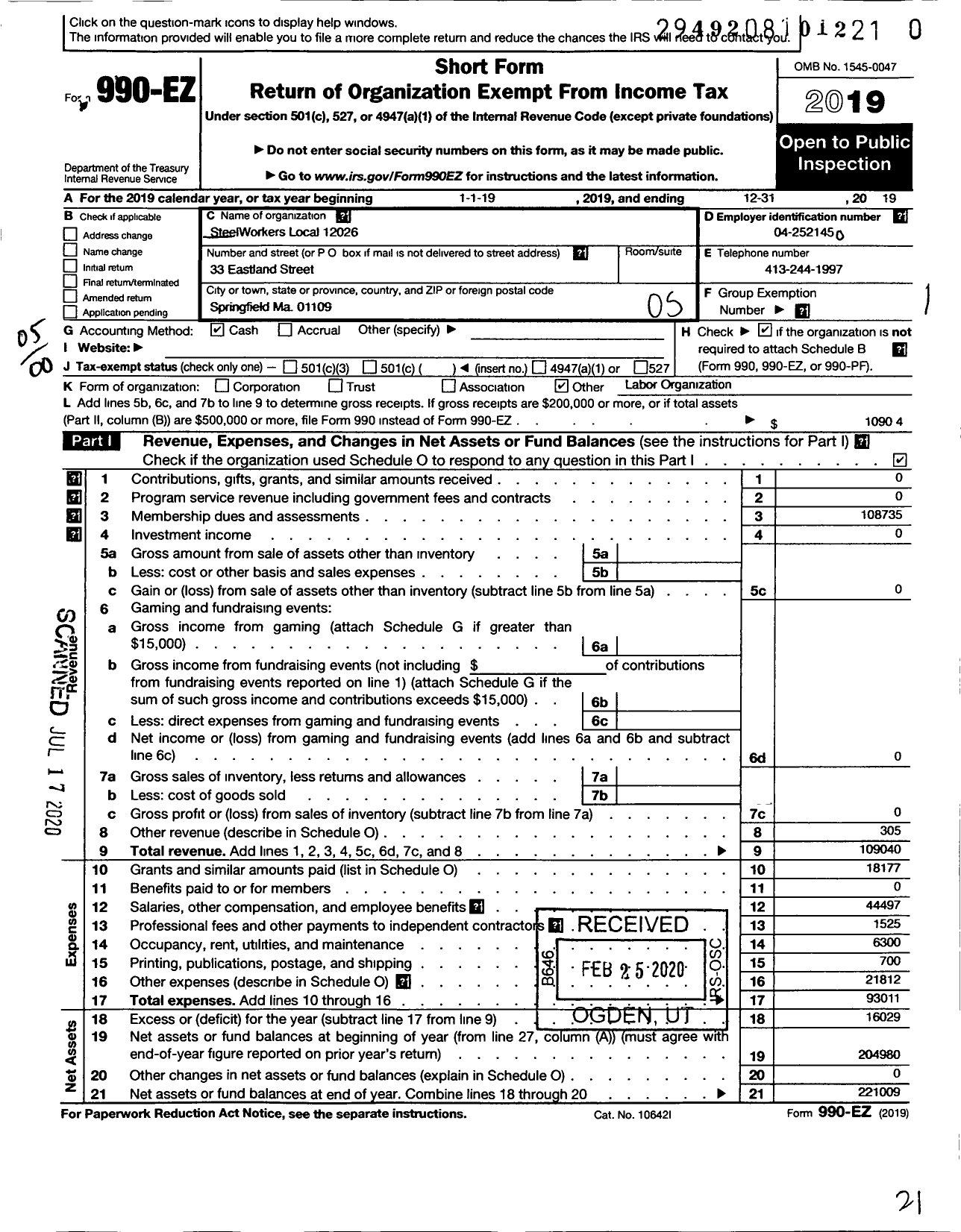 Image of first page of 2019 Form 990EO for United Steelworkers Local Union 12026