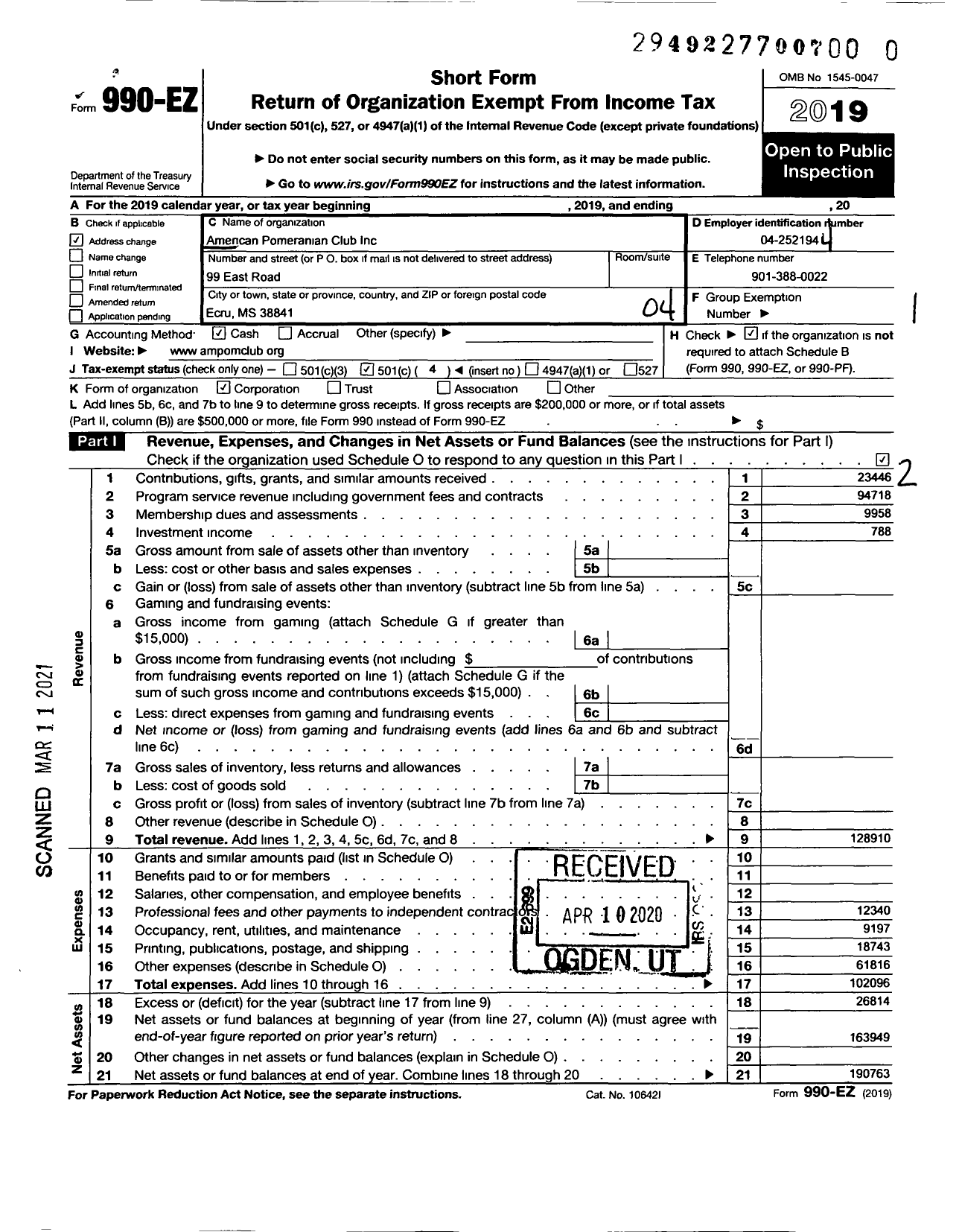 Image of first page of 2019 Form 990EO for American Pomeranian Club