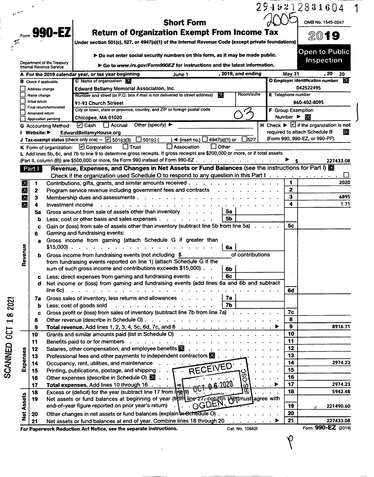 Image of first page of 2019 Form 990EZ for Edward Bellamy Memorial Association