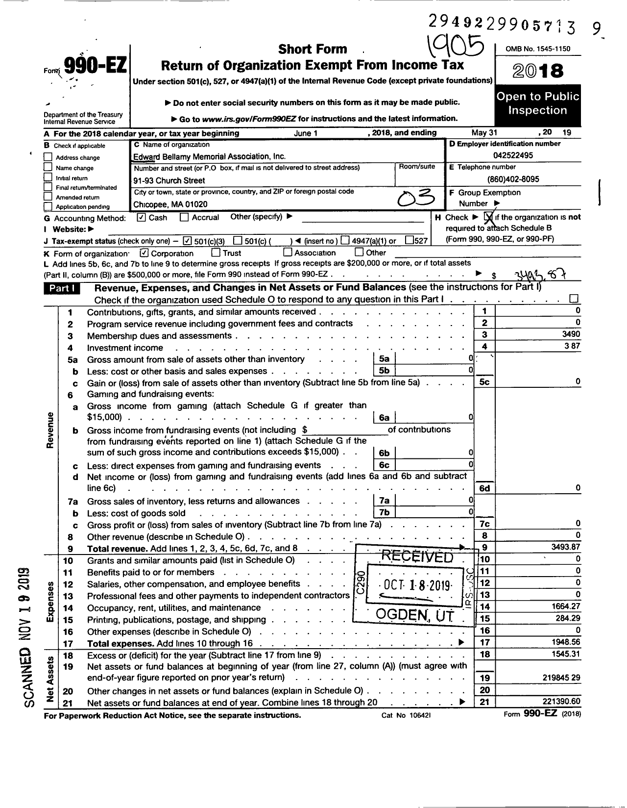 Image of first page of 2018 Form 990EZ for Edward Bellamy Memorial Association