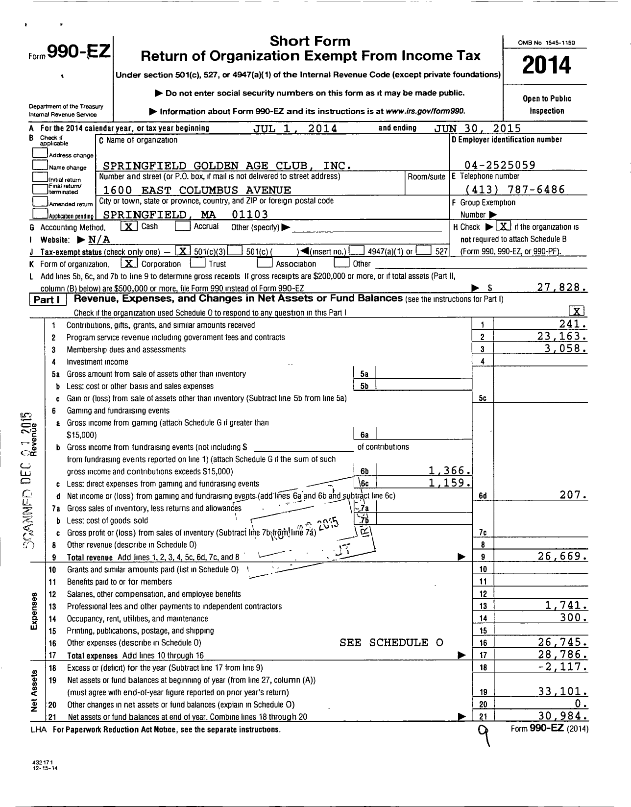 Image of first page of 2014 Form 990EZ for Springfield Golden Age Club