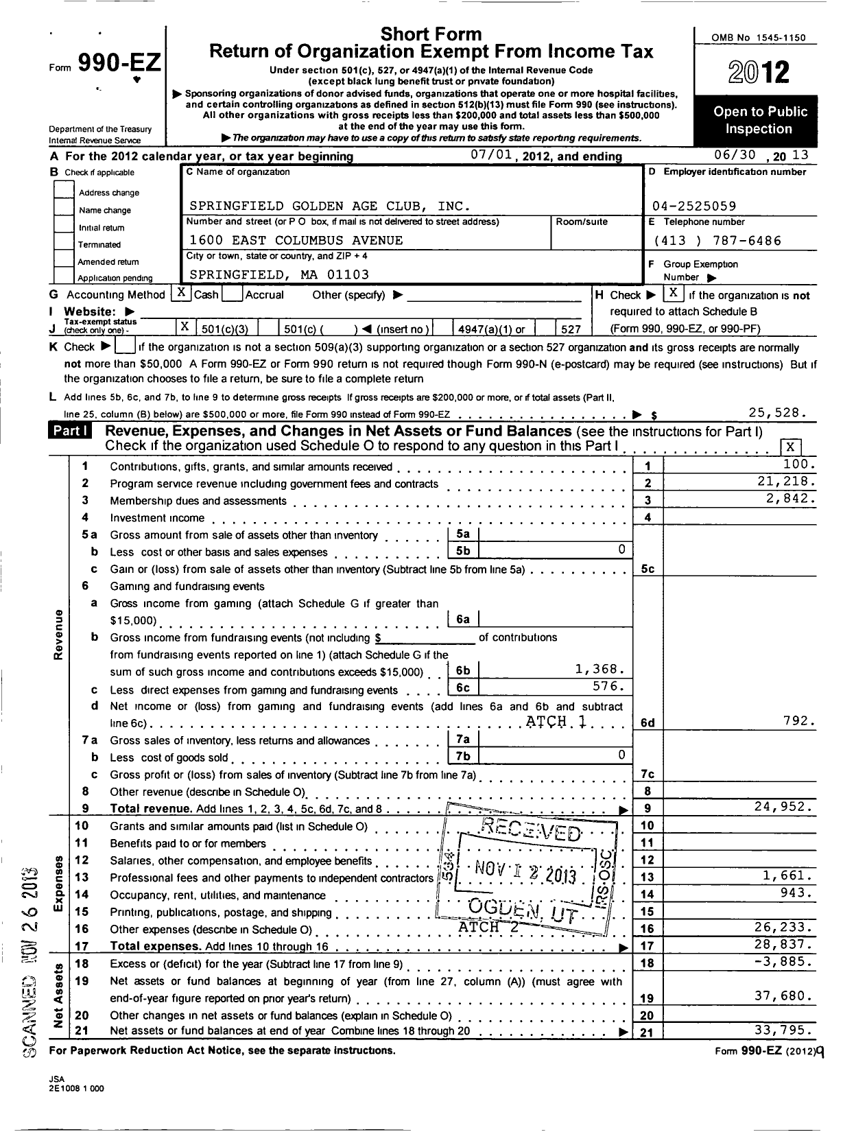 Image of first page of 2012 Form 990EZ for Springfield Golden Age Club