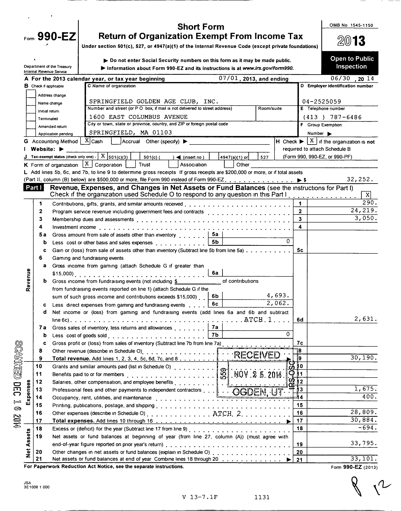 Image of first page of 2013 Form 990EZ for Springfield Golden Age Club