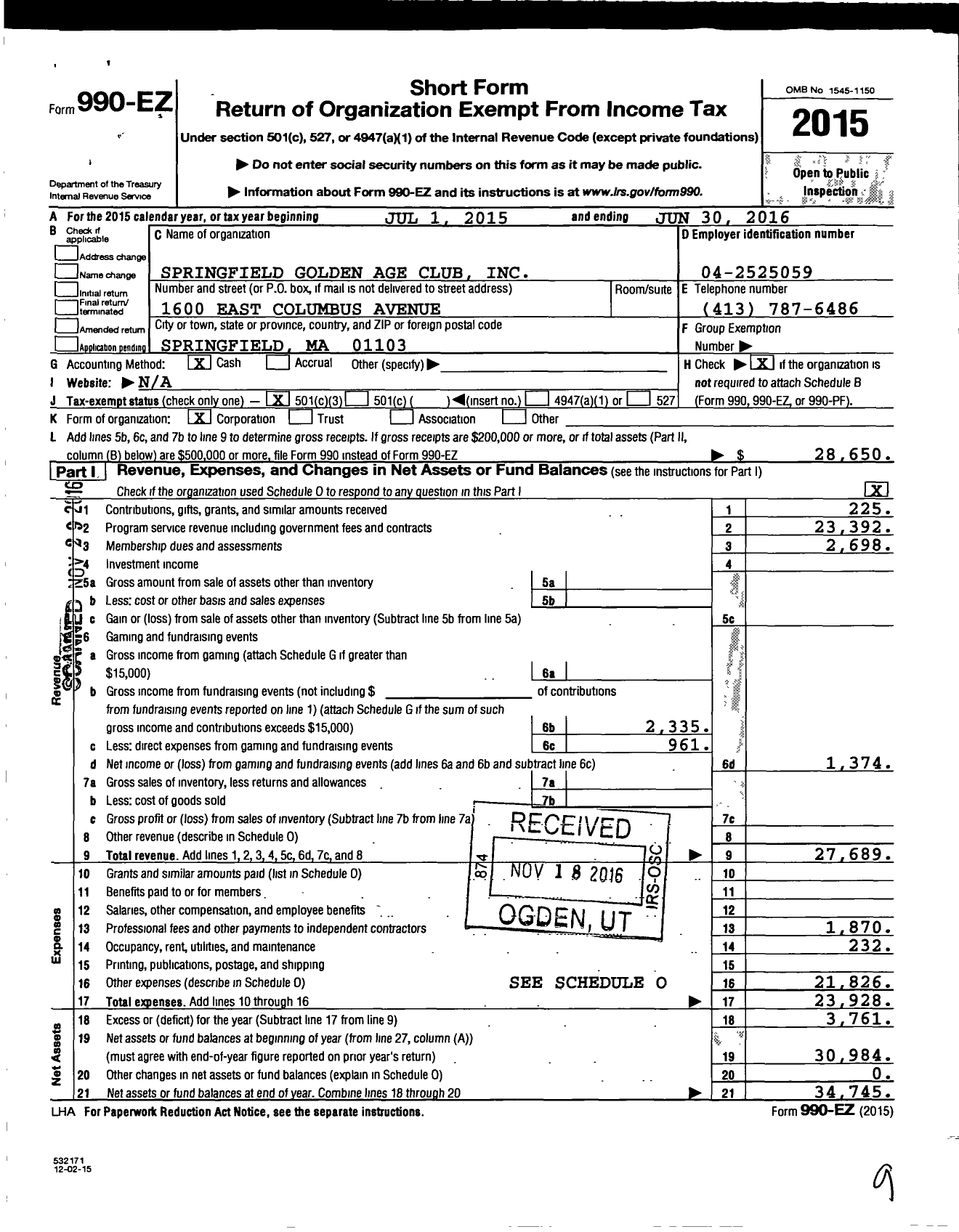 Image of first page of 2015 Form 990EZ for Springfield Golden Age Club