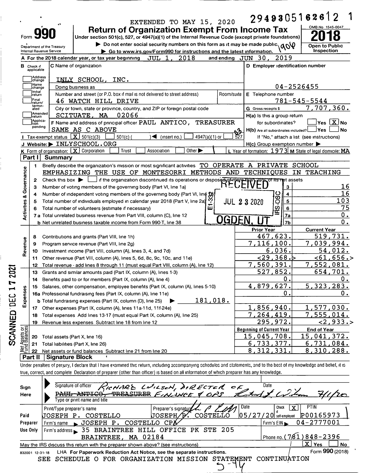 Image of first page of 2018 Form 990 for Inly School