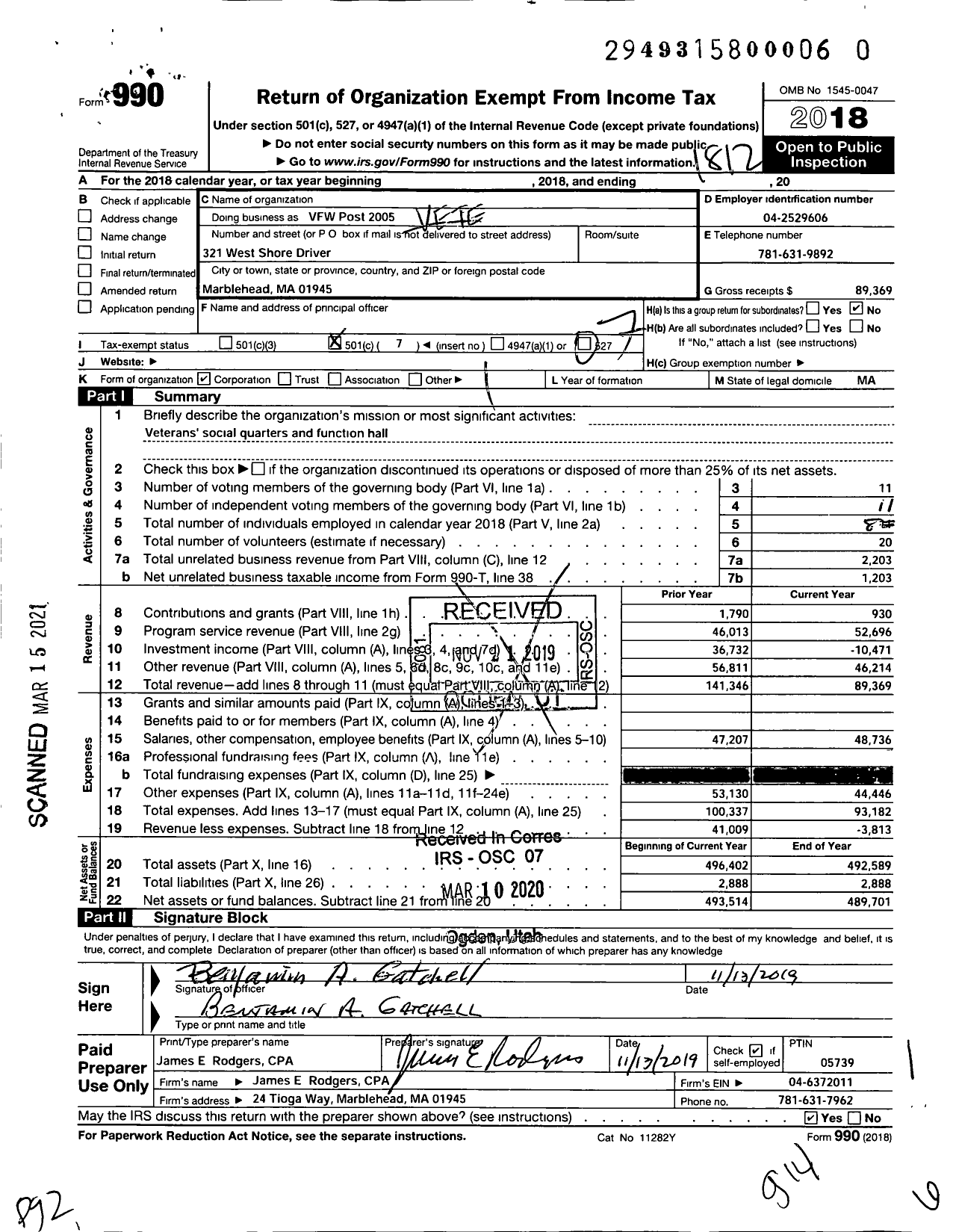 Image of first page of 2018 Form 990O for VFW Department of Massachusetts - VFW Post #2005