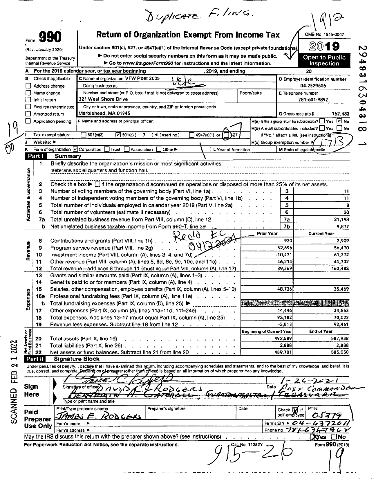 Image of first page of 2019 Form 990O for VFW Department of Massachusetts - VFW Post #2005