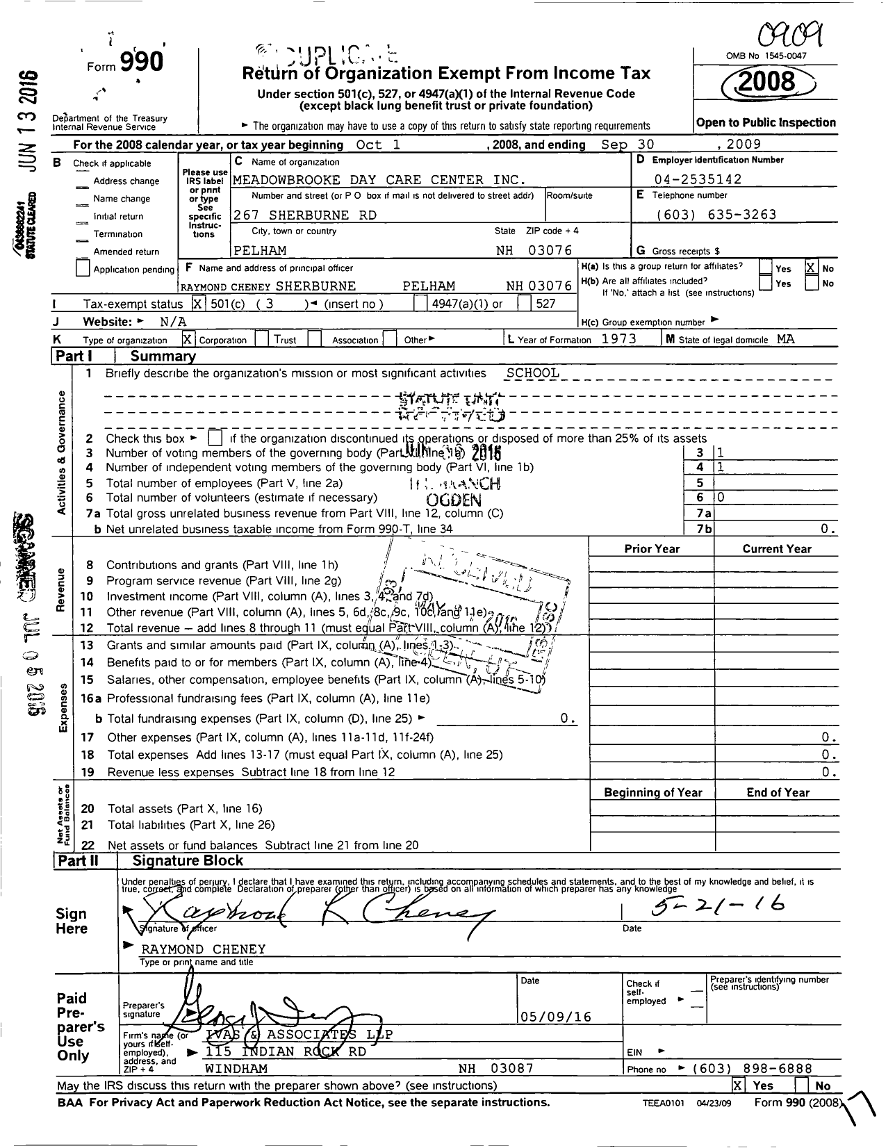 Image of first page of 2008 Form 990 for Meadowbrooke Day Care