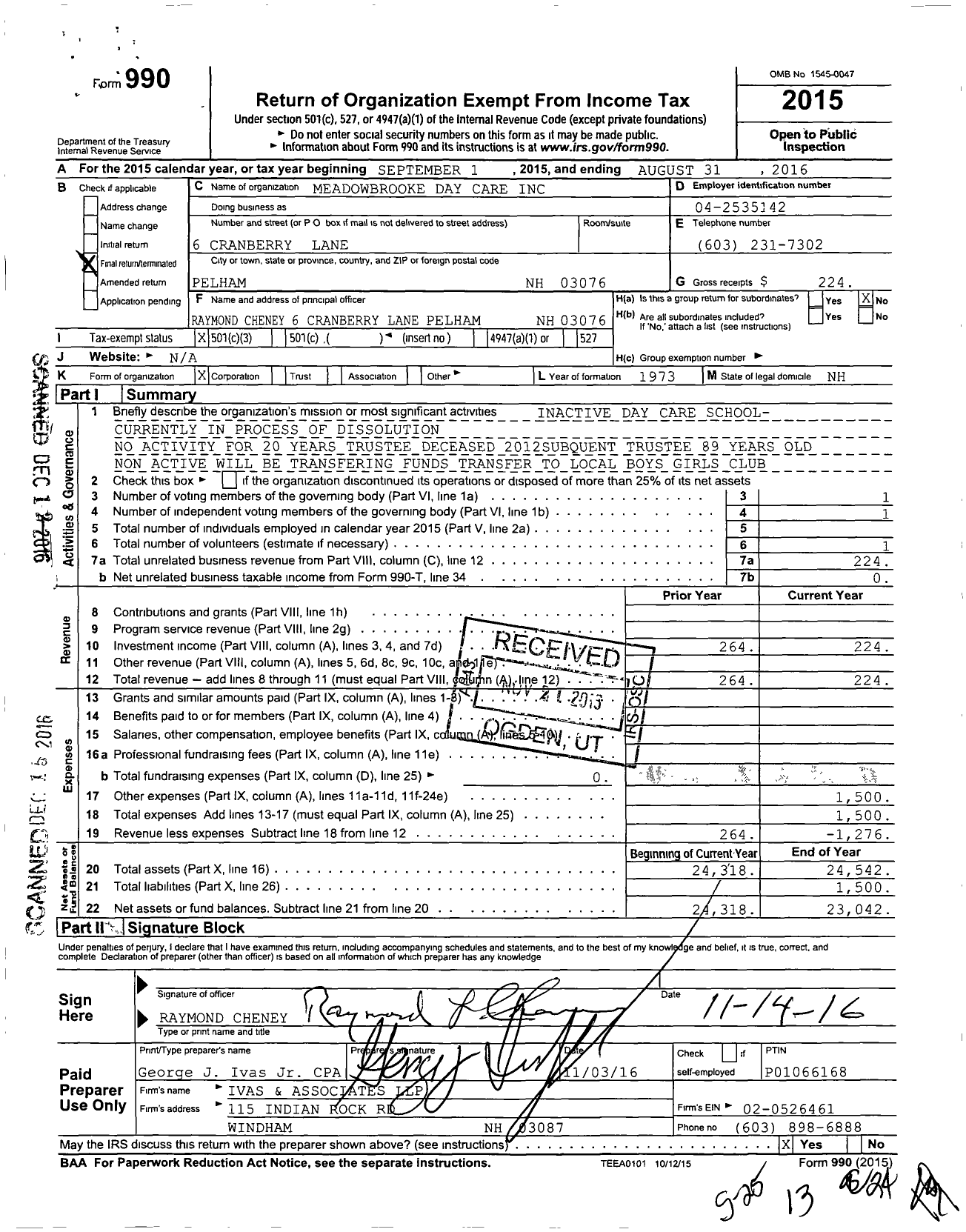 Image of first page of 2015 Form 990 for Meadowbrooke Day Care