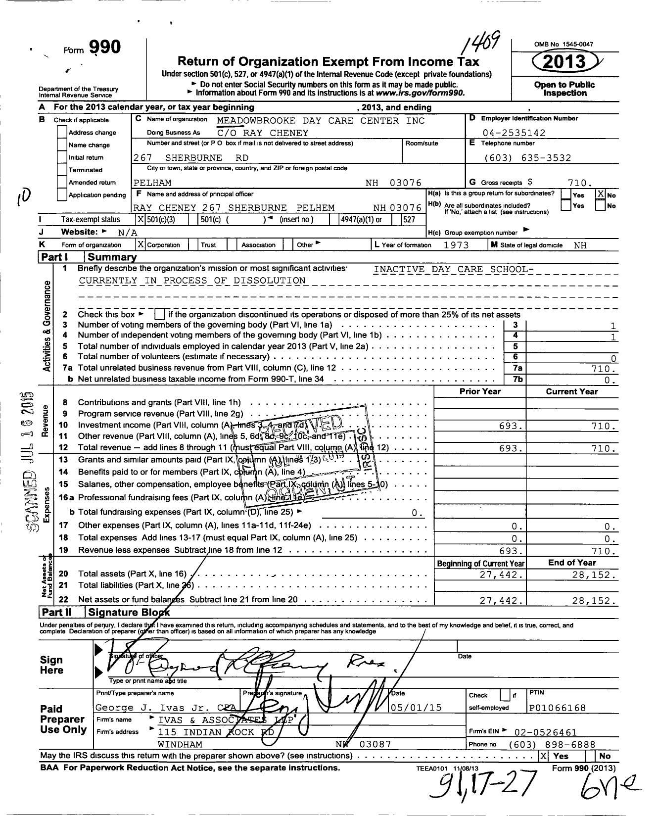 Image of first page of 2013 Form 990 for Meadowbrooke Day Care