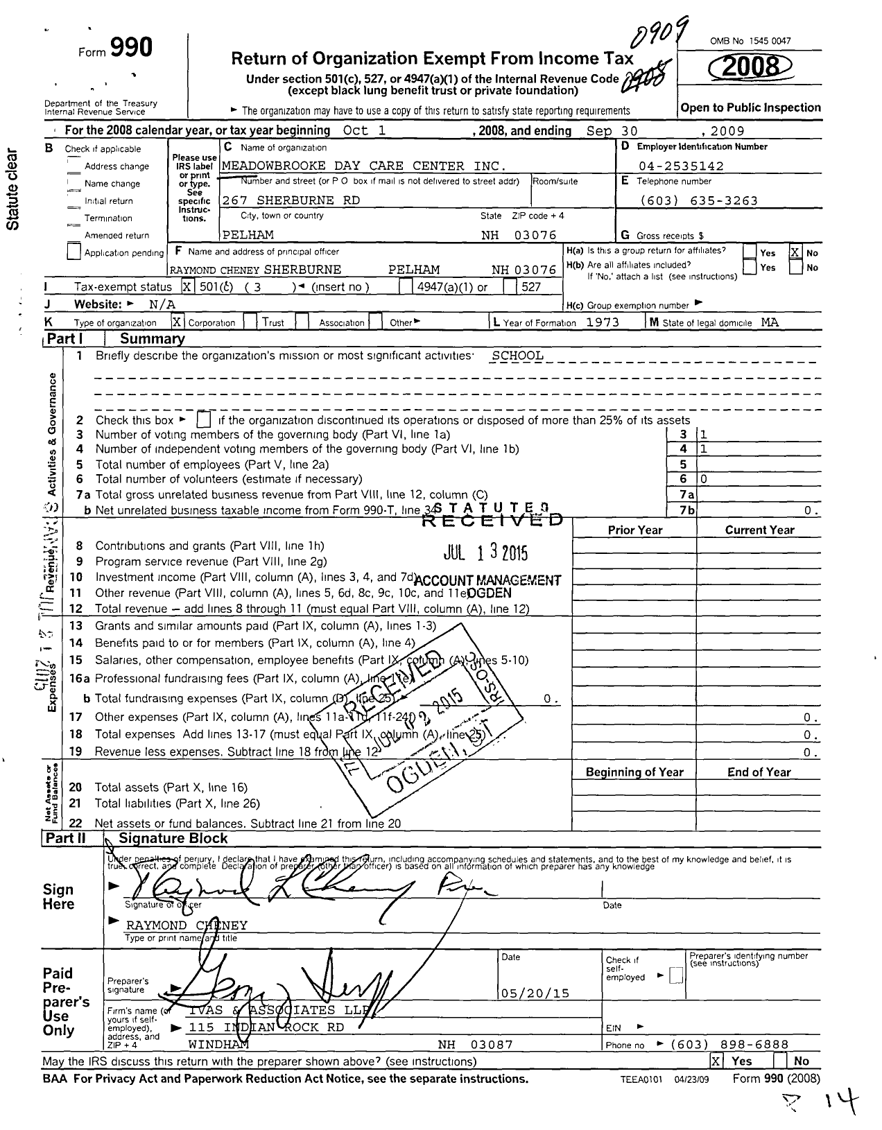 Image of first page of 2008 Form 990 for Meadowbrooke Day Care