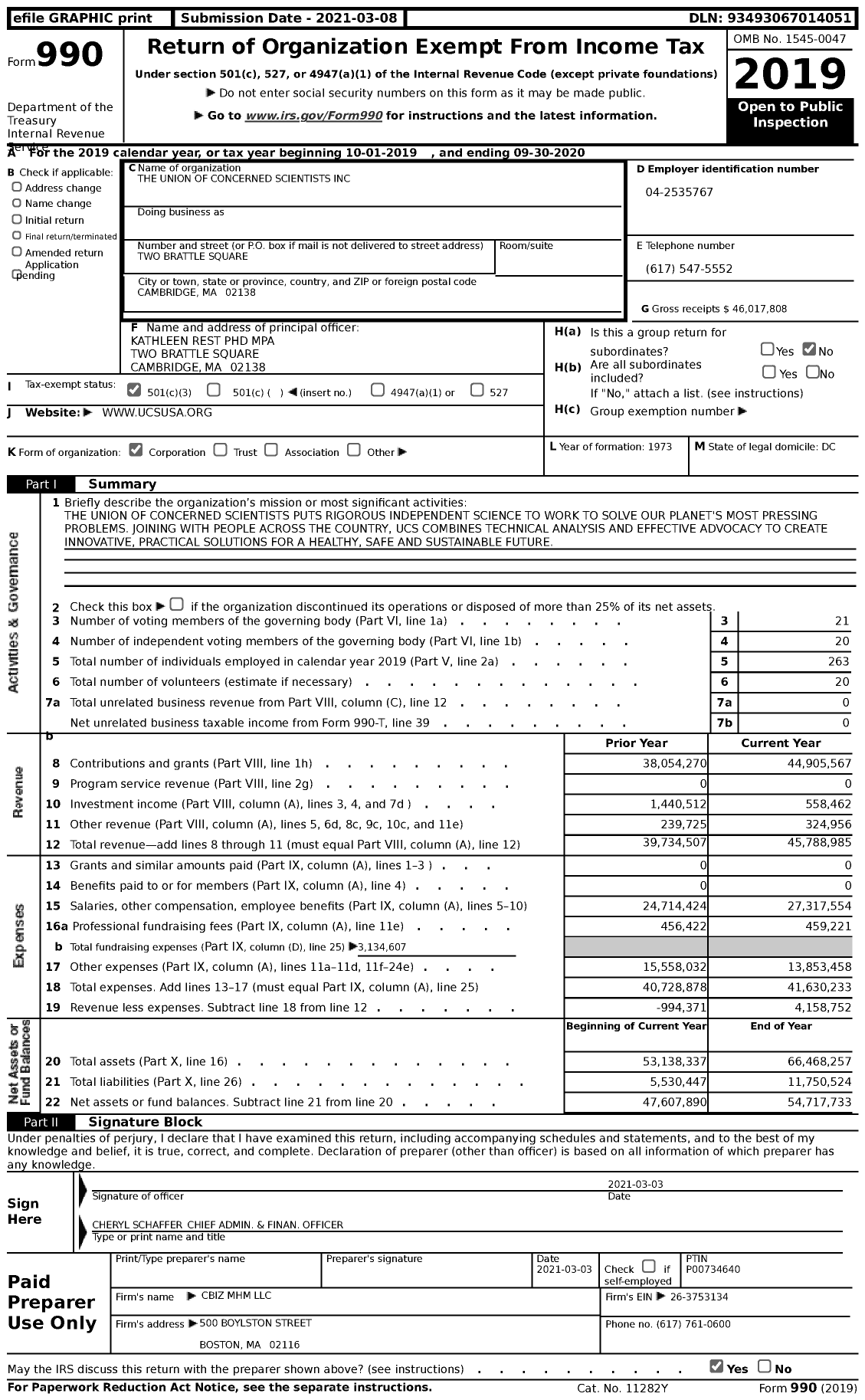 Image of first page of 2019 Form 990 for Union of Concerned Scientists (UCS)