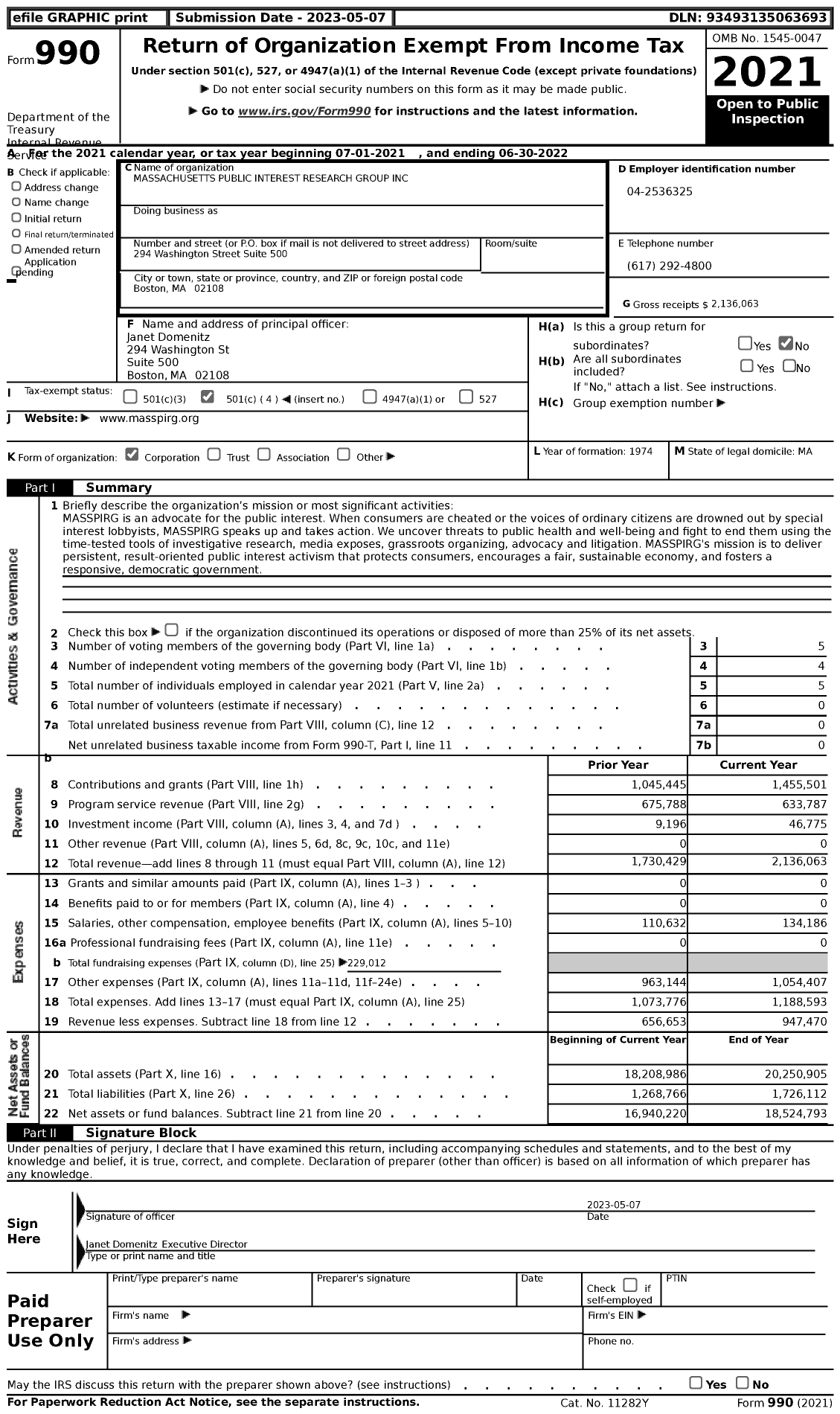 Image of first page of 2021 Form 990 for Massachusetts Public Interest Research Group