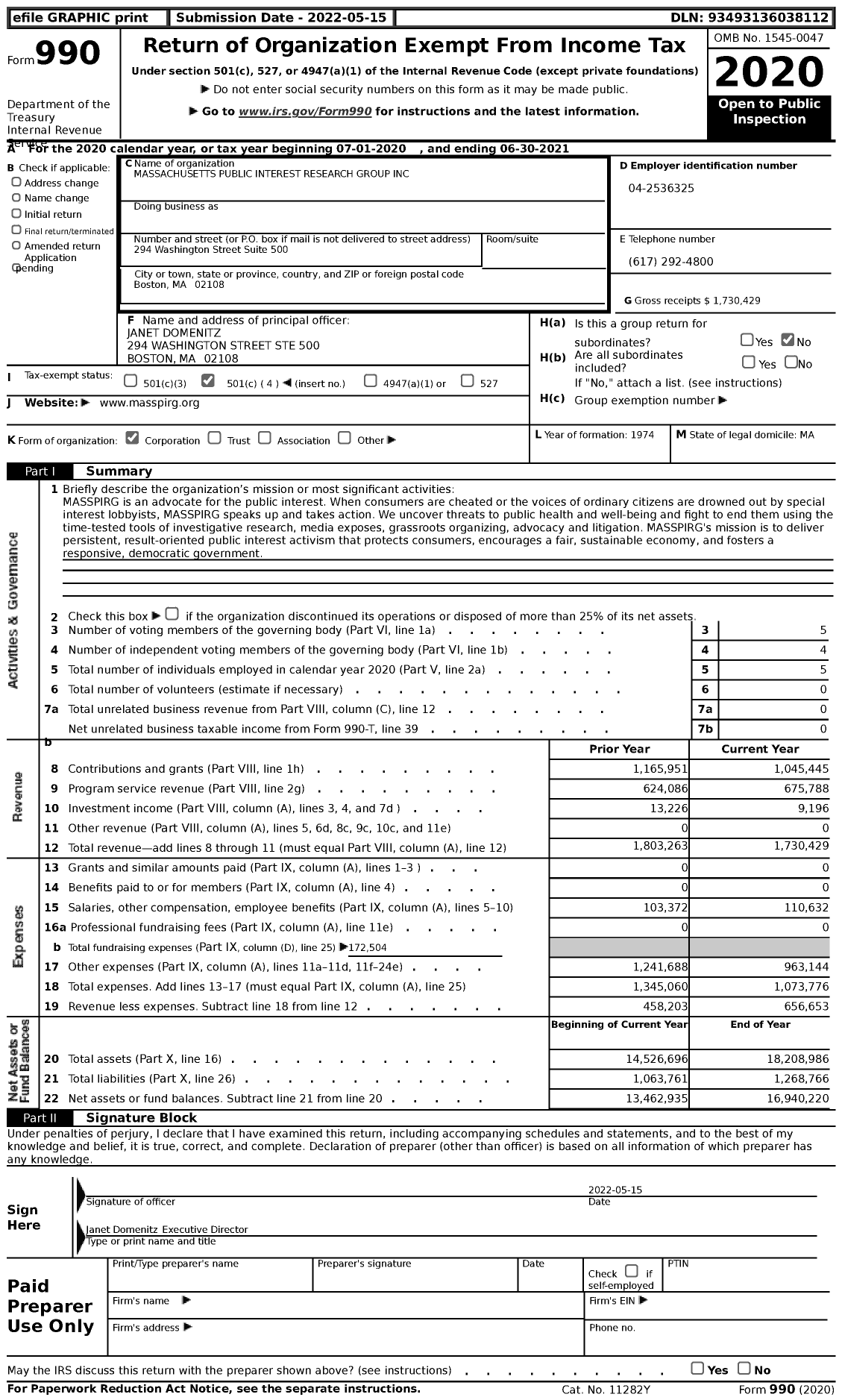 Image of first page of 2020 Form 990 for Massachusetts Public Interest Research Group