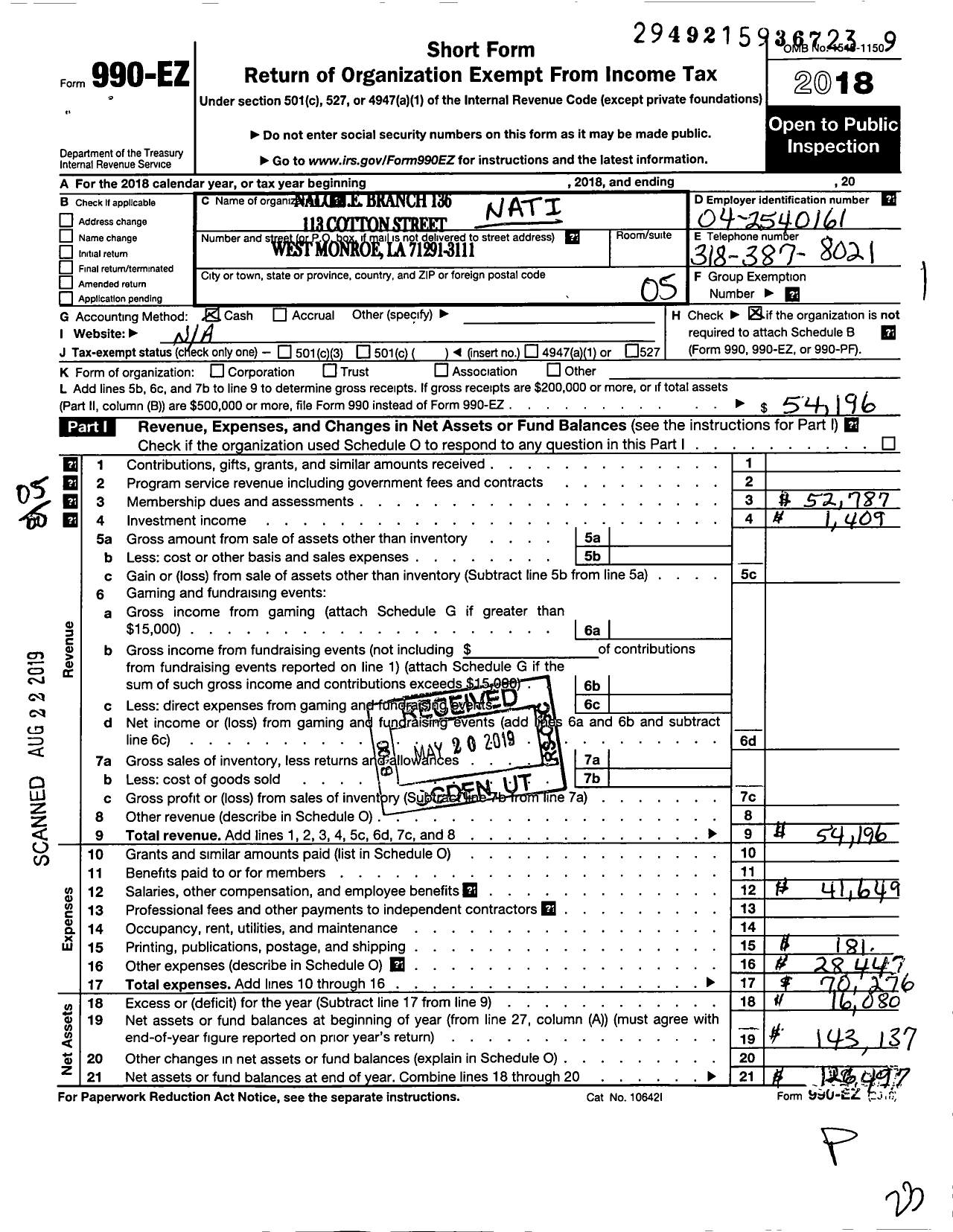 Image of first page of 2018 Form 990EO for National Association of Letter Carriers - 136 Monroe Louisiana