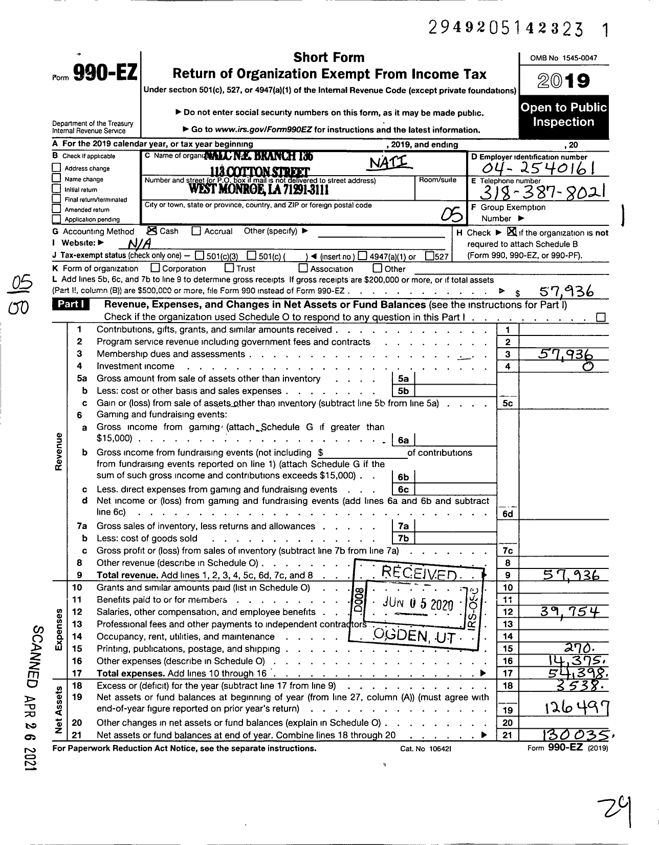 Image of first page of 2019 Form 990EO for National Association of Letter Carriers - 136 Monroe Louisiana
