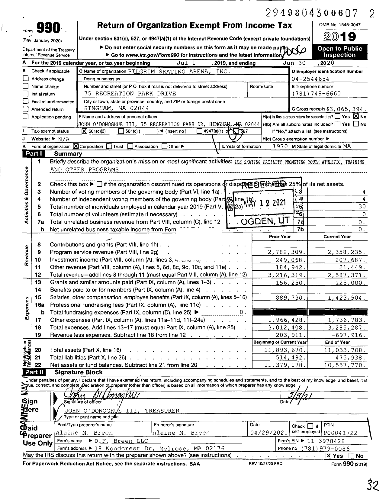 Image of first page of 2019 Form 990 for Pilgrim Skating Arena