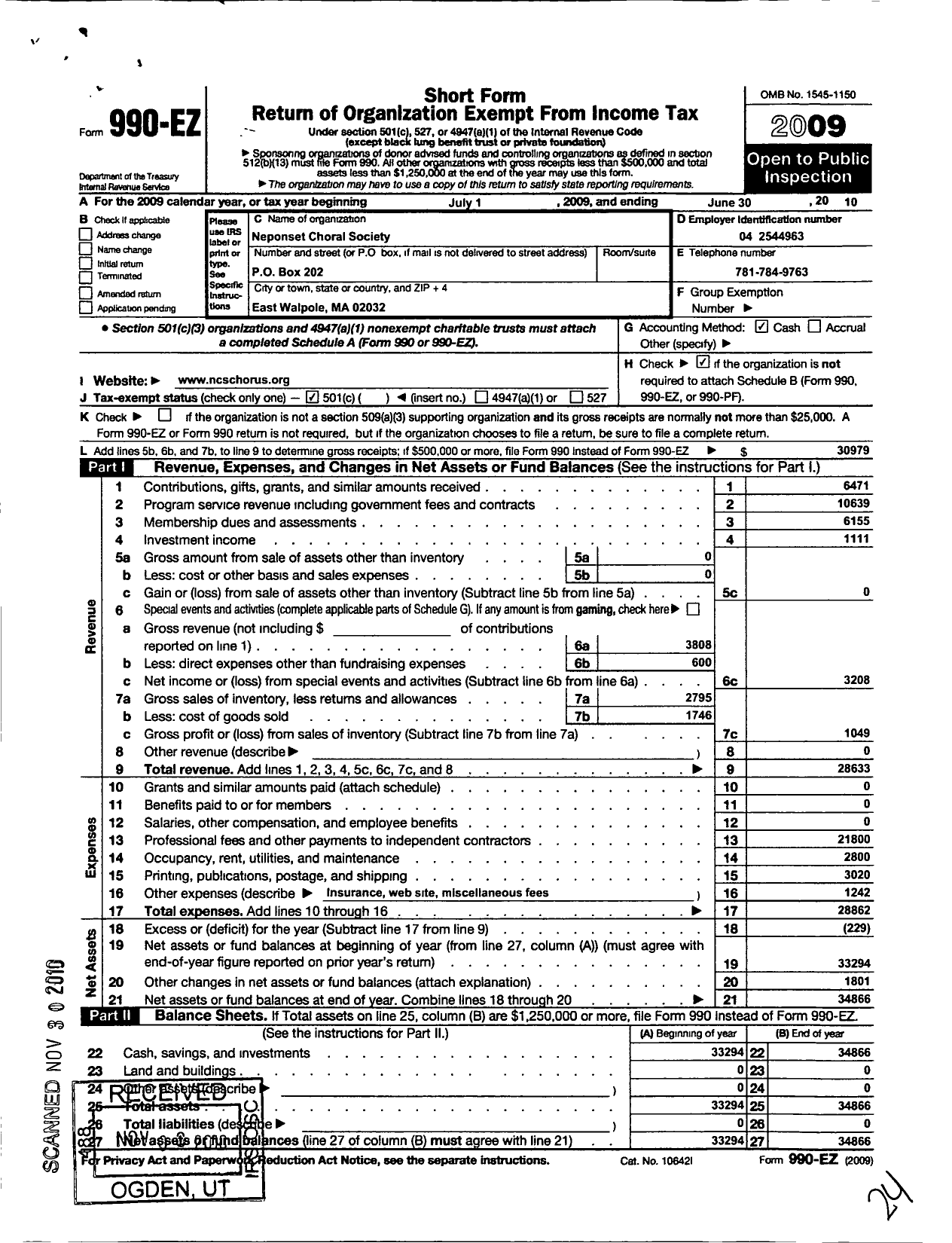 Image of first page of 2009 Form 990EO for Neponset Choral Society