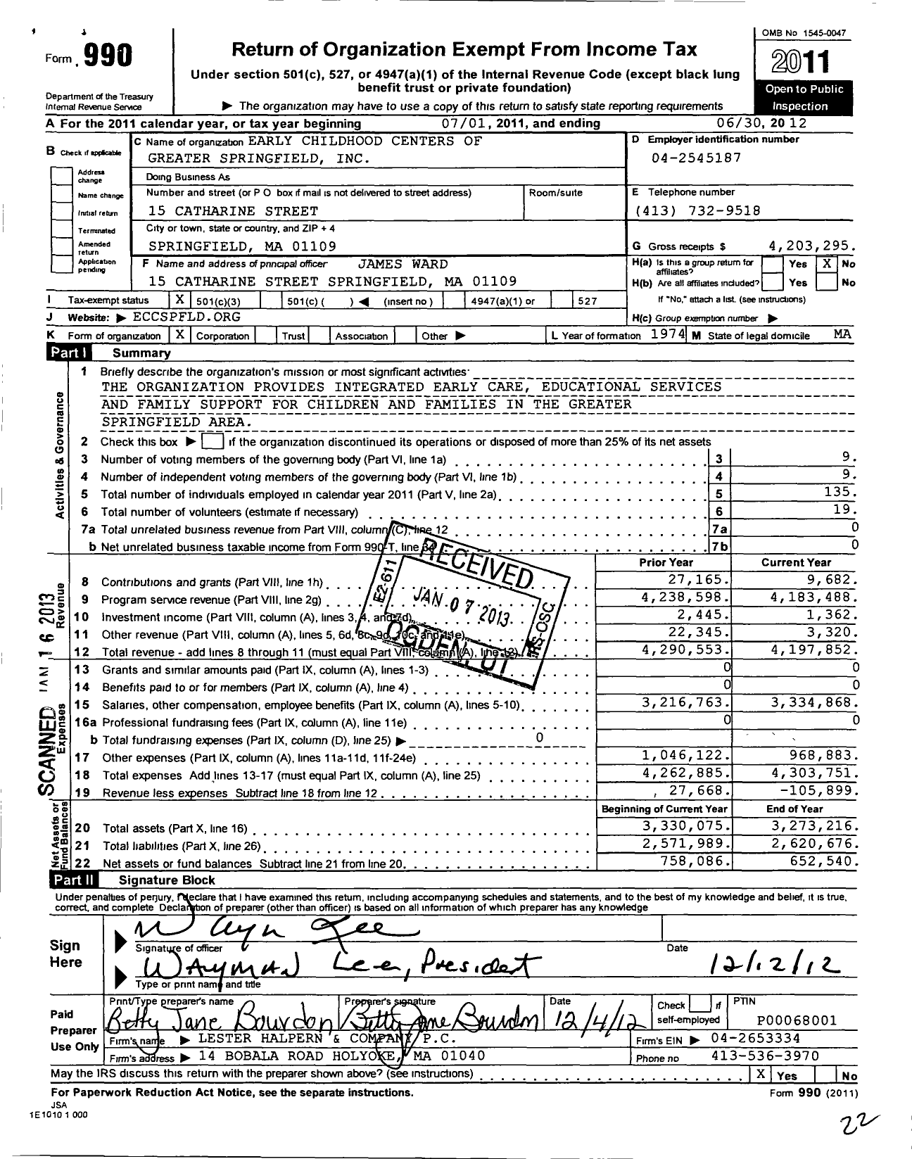 Image of first page of 2011 Form 990 for Early Childhood Centers of Greater Springfield