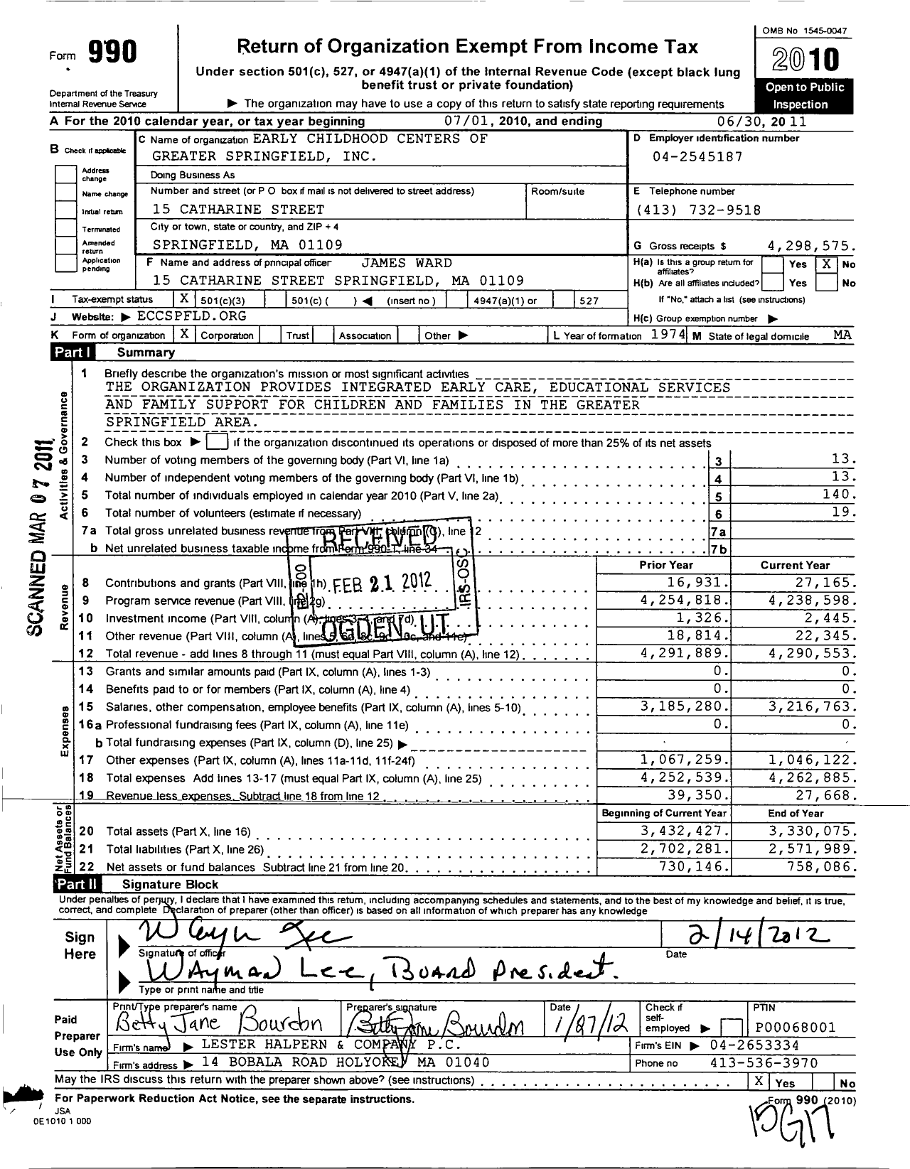 Image of first page of 2010 Form 990 for Early Childhood Centers of Greater Springfield