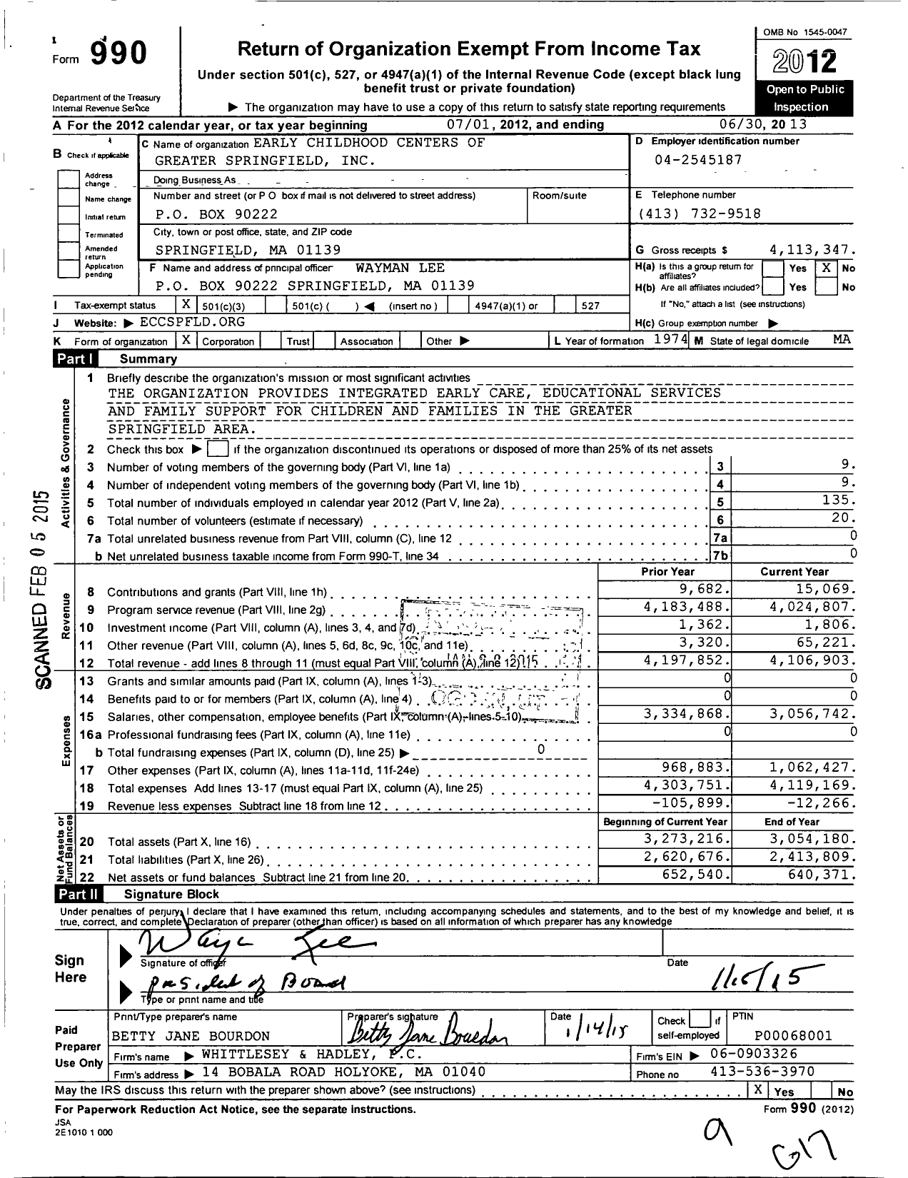 Image of first page of 2012 Form 990 for Early Childhood Centers of Greater Springfield