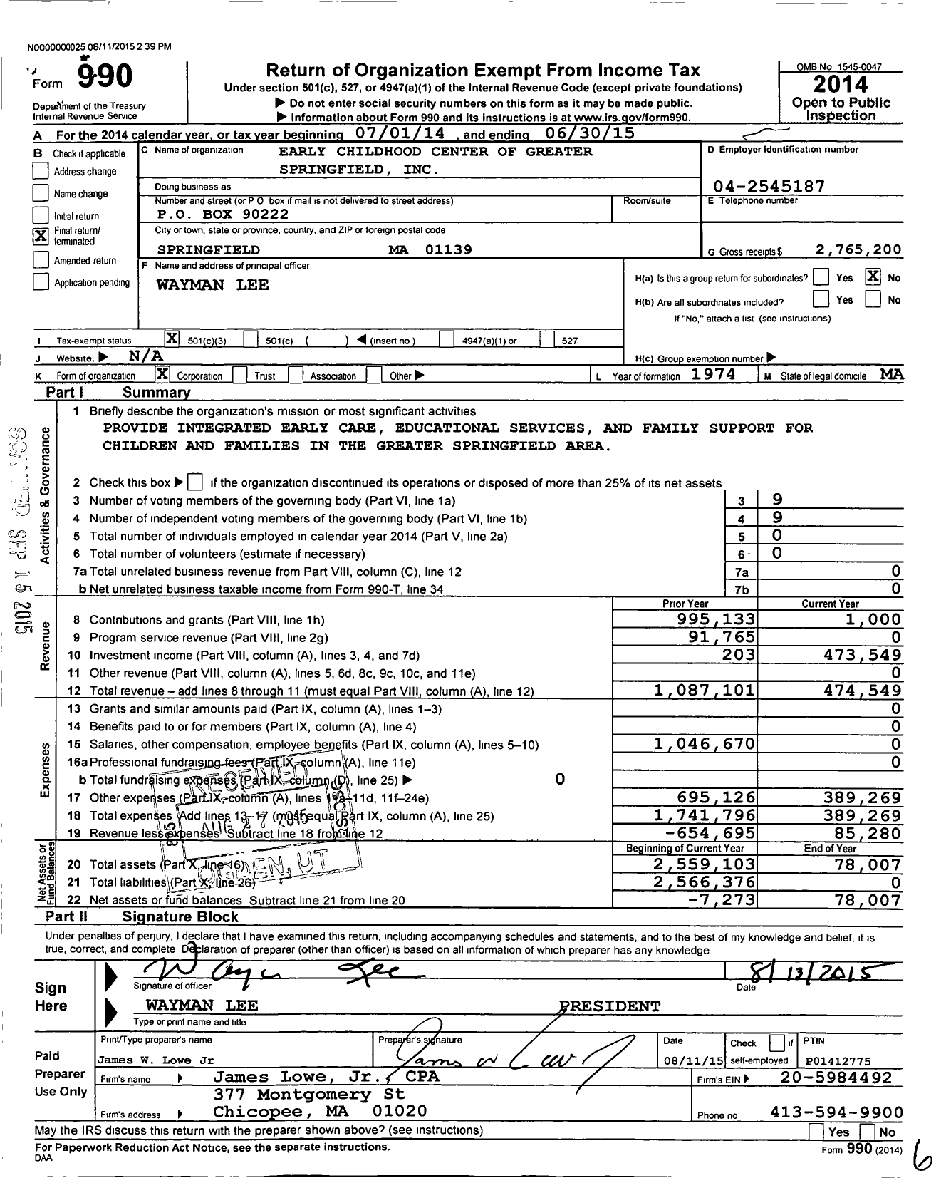 Image of first page of 2014 Form 990 for Early Childhood Centers of Greater Springfield