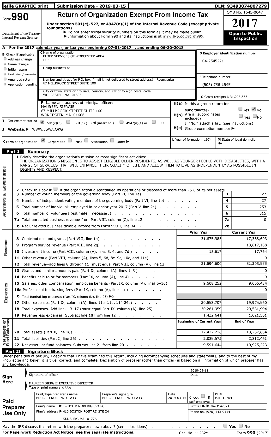 Image of first page of 2017 Form 990 for Elder Services of Worcester Area (ESWA)