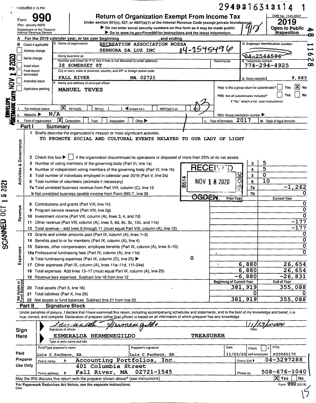 Image of first page of 2019 Form 990 for Recreation Association Nossa