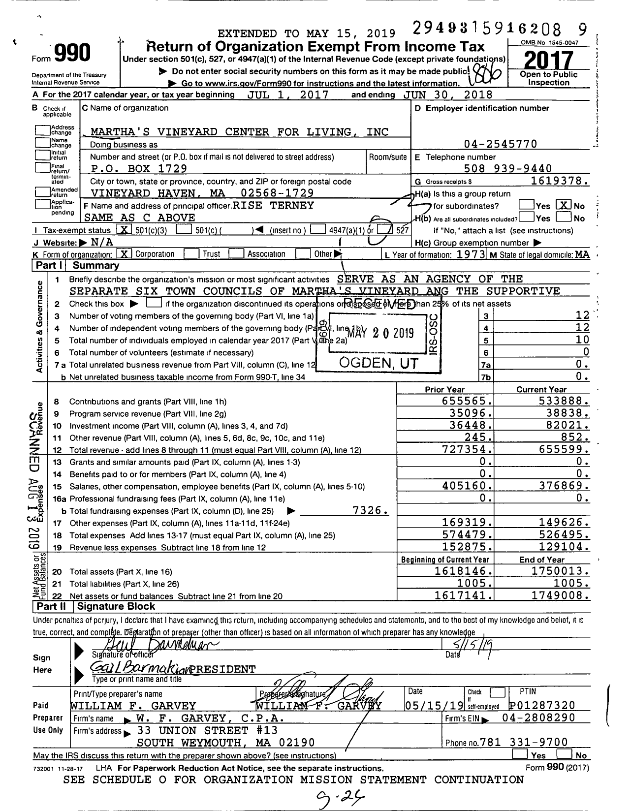 Image of first page of 2017 Form 990 for Martha's Vineyard Center for Living