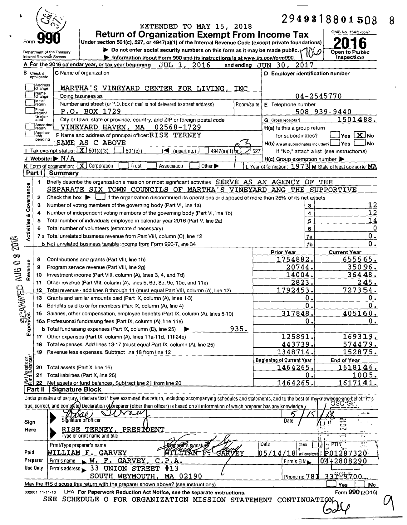 Image of first page of 2016 Form 990 for Martha's Vineyard Center for Living