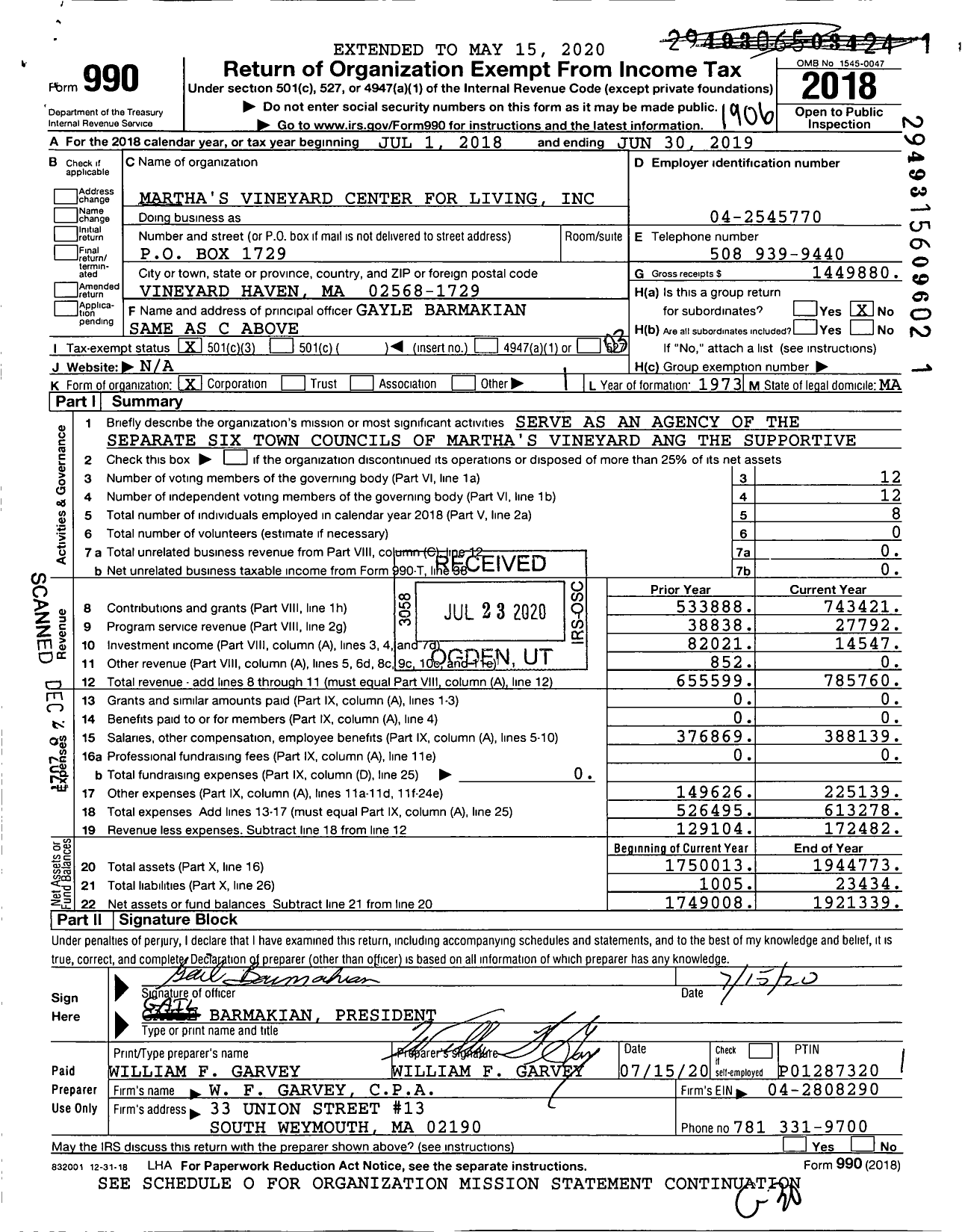 Image of first page of 2018 Form 990 for Martha's Vineyard Center for Living