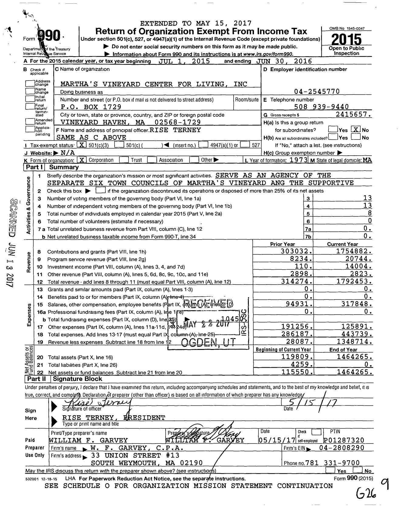 Image of first page of 2015 Form 990 for Martha's Vineyard Center for Living