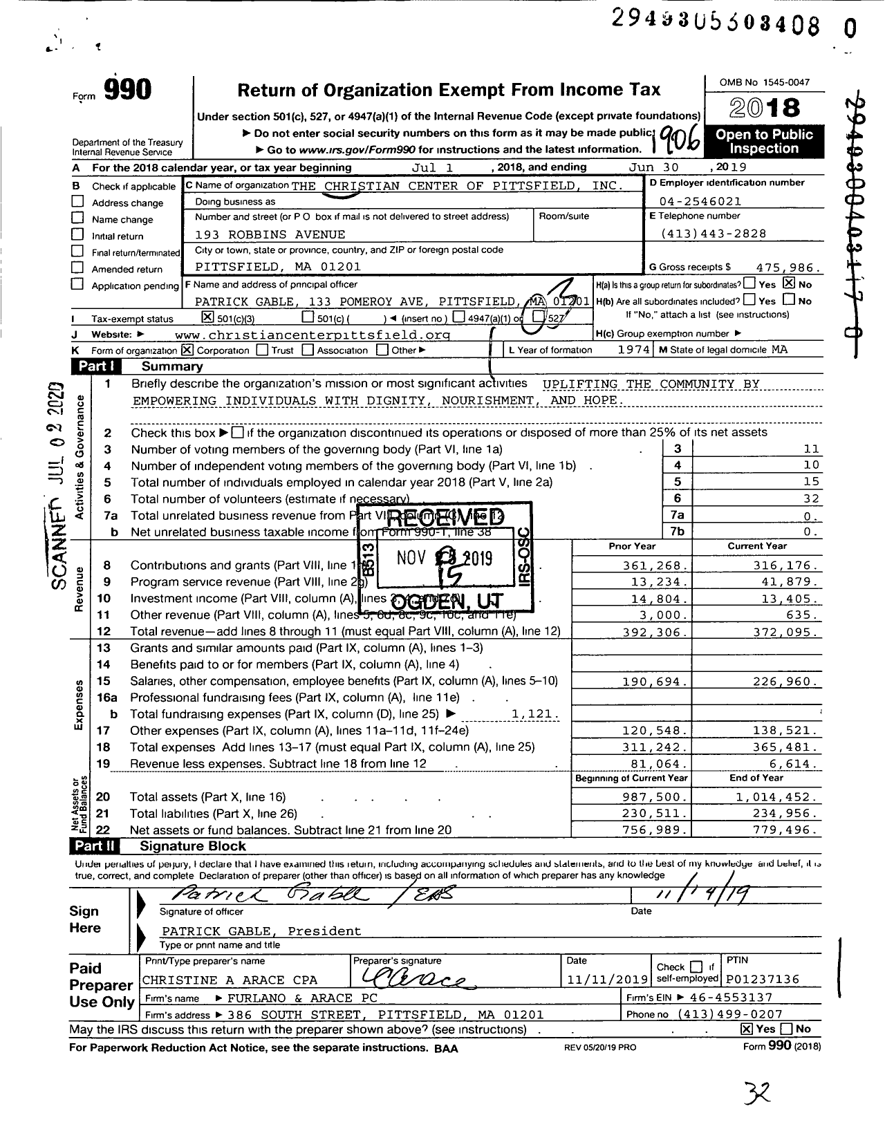 Image of first page of 2018 Form 990 for The Christian Center of Pittsfield