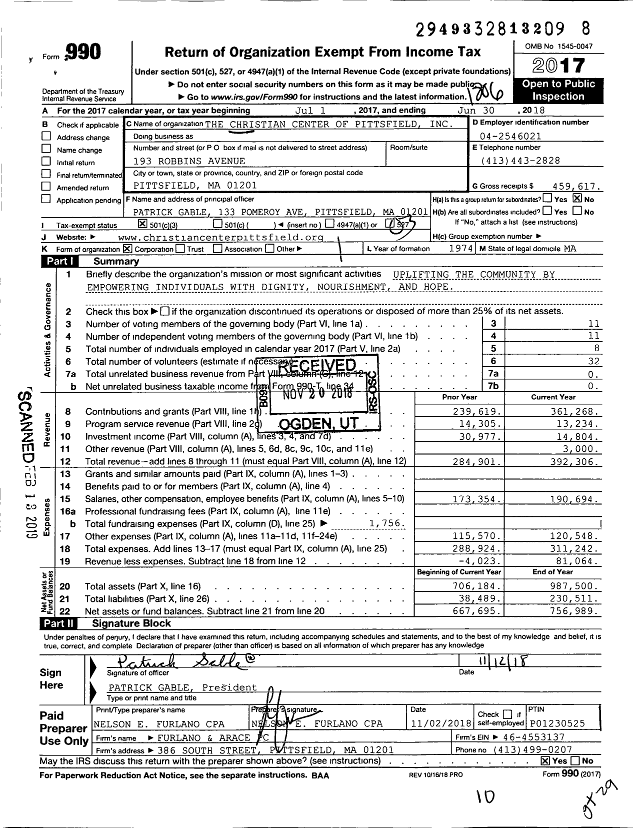 Image of first page of 2017 Form 990 for The Christian Center of Pittsfield