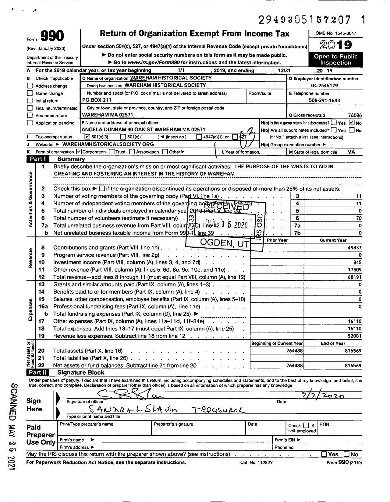 Image of first page of 2019 Form 990 for Wareham Historical Society