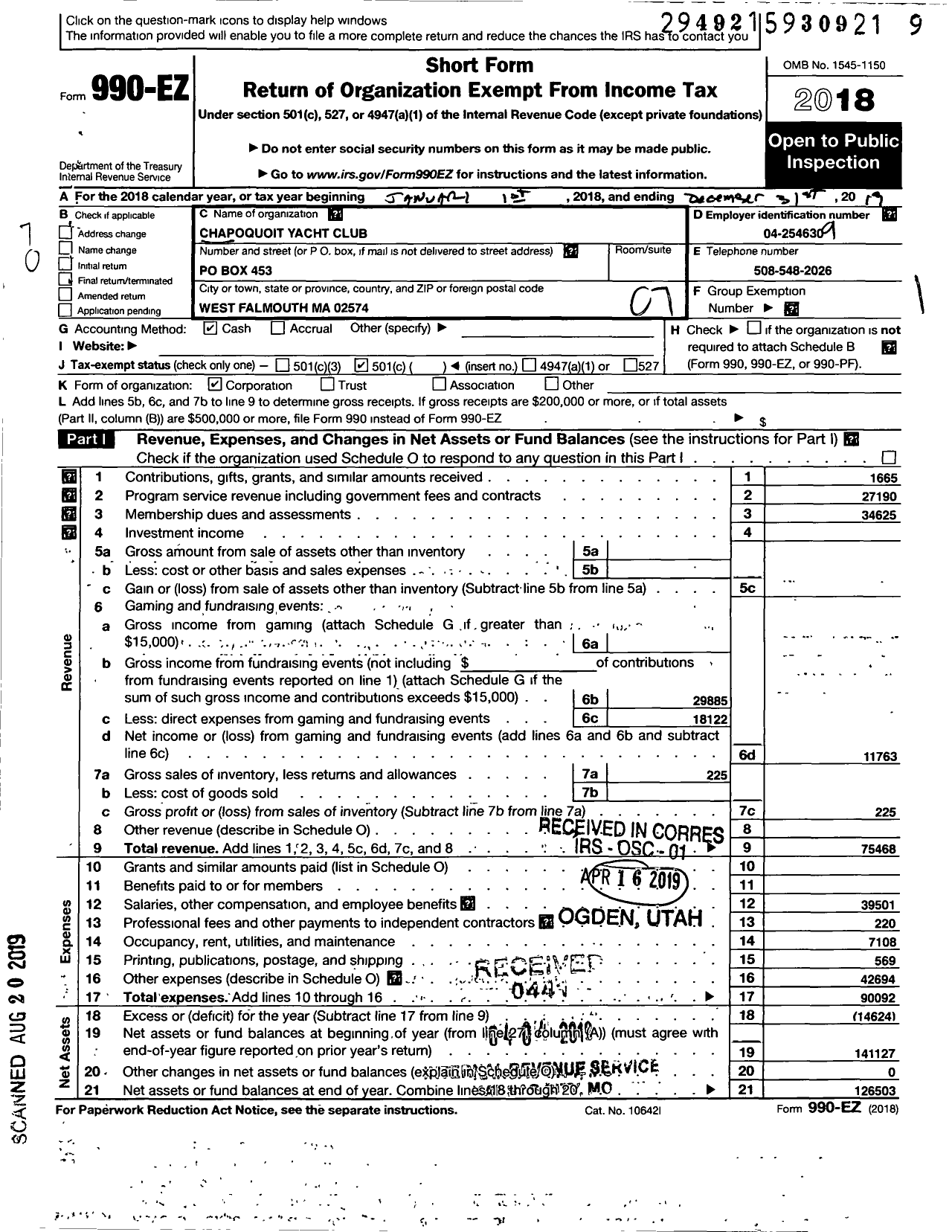 Image of first page of 2019 Form 990EO for Chapoquoit Yacht Club