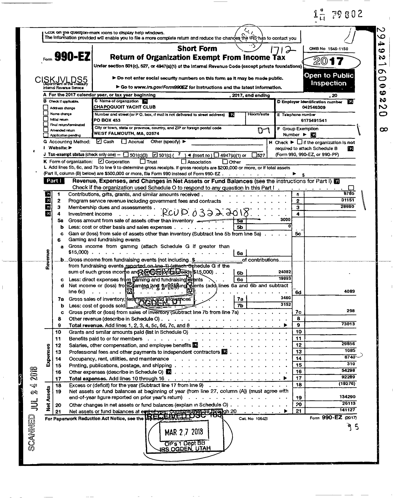 Image of first page of 2017 Form 990EO for Chapoquoit Yacht Club