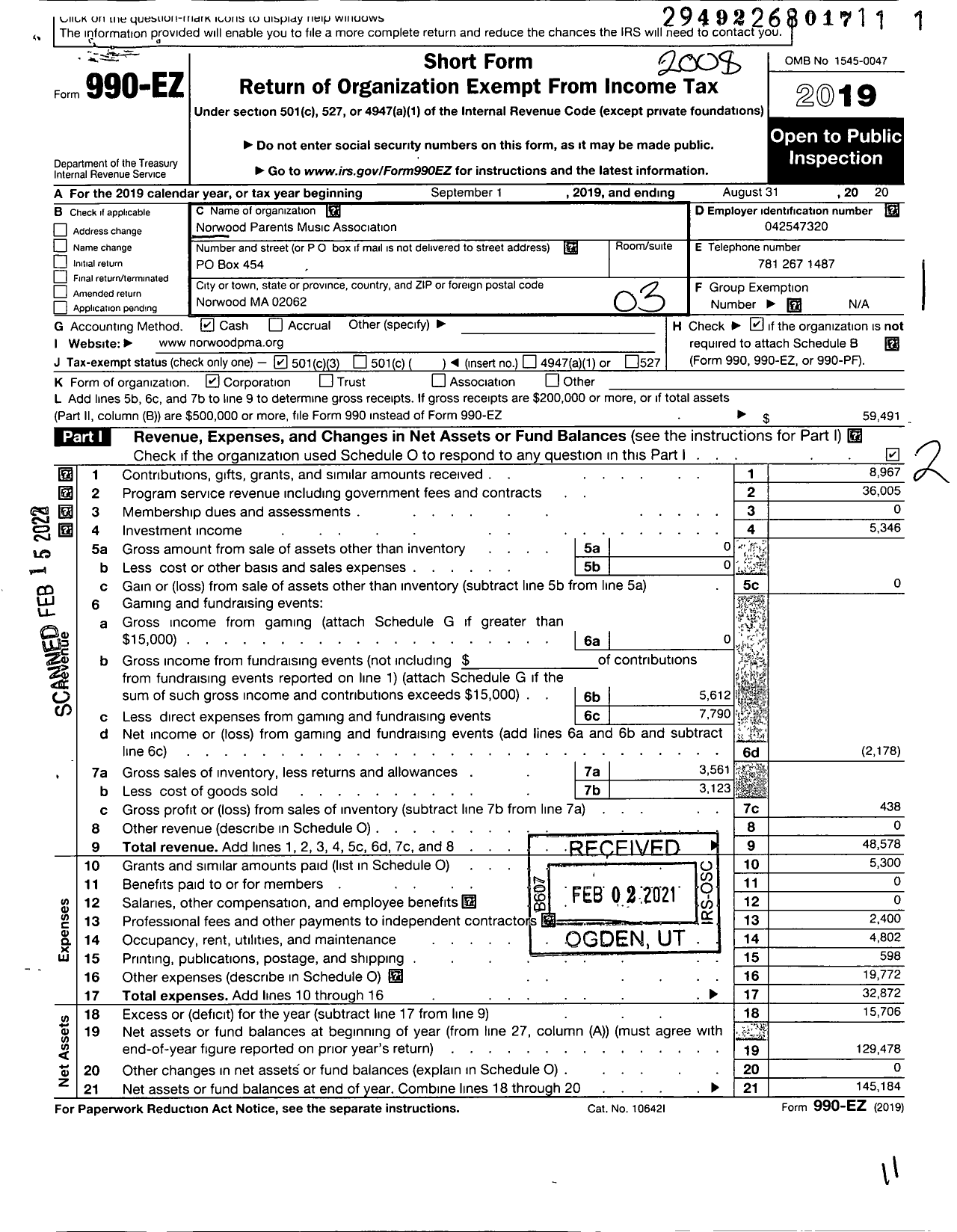 Image of first page of 2019 Form 990EZ for Norwood Parents Music Association