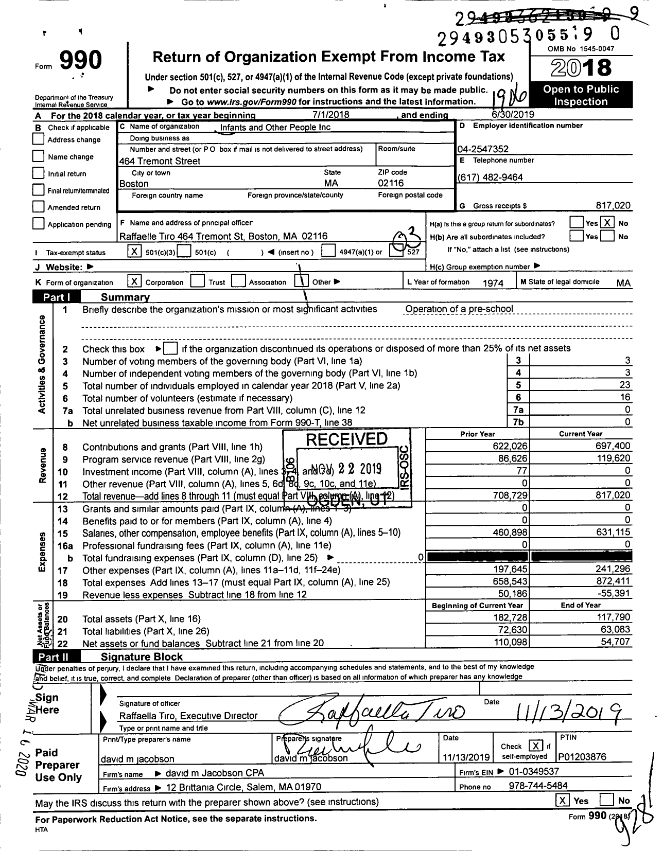 Image of first page of 2018 Form 990 for Infants and Other People