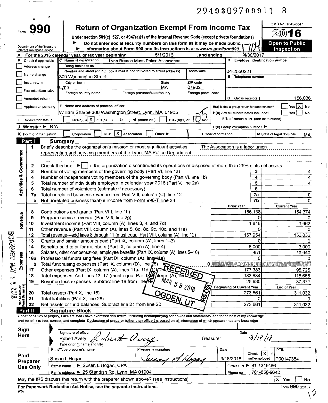 Image of first page of 2016 Form 990O for Lynn Branch Mass Police Association