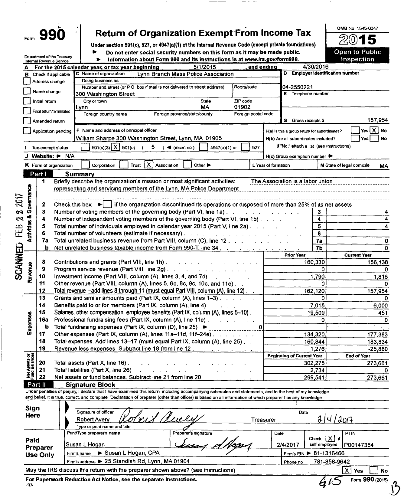 Image of first page of 2015 Form 990O for Lynn Branch Mass Police Association