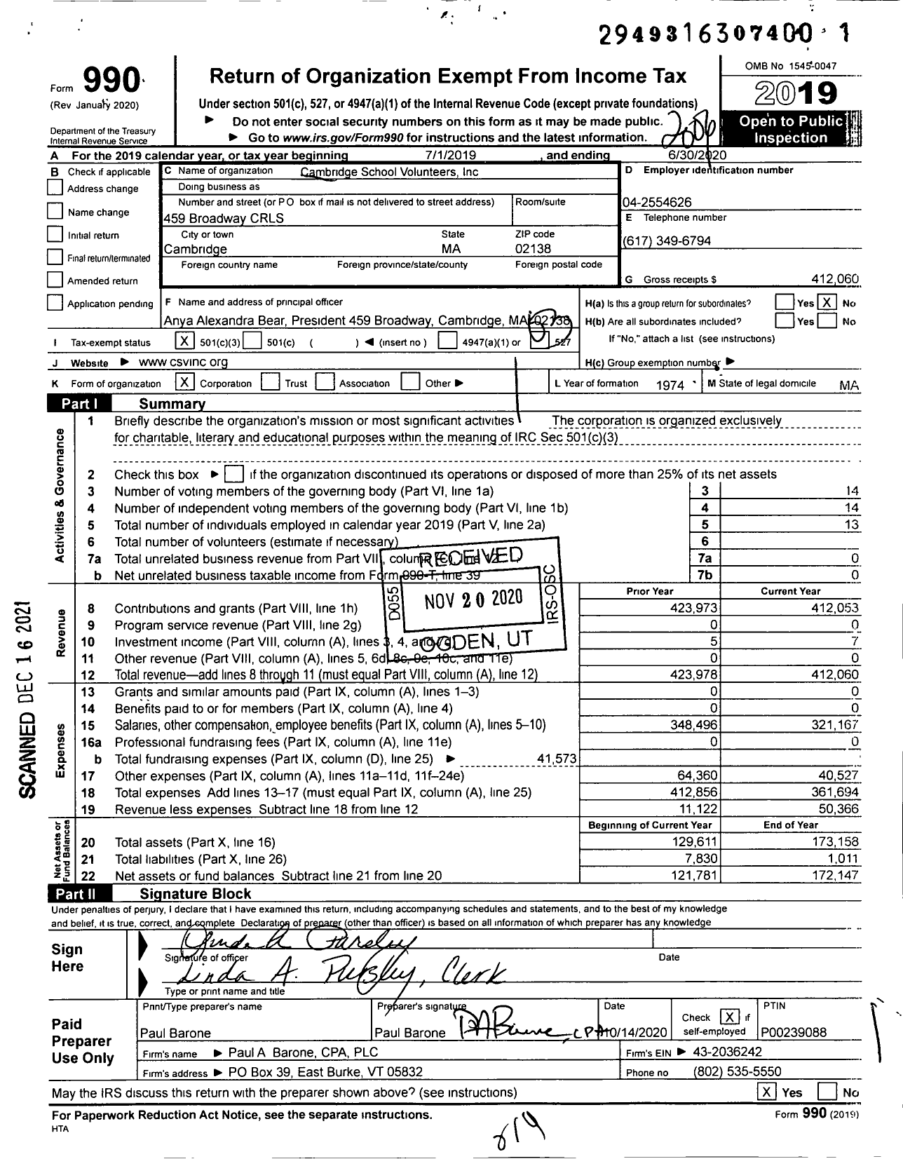 Image of first page of 2019 Form 990 for Cambridge School Volunteers