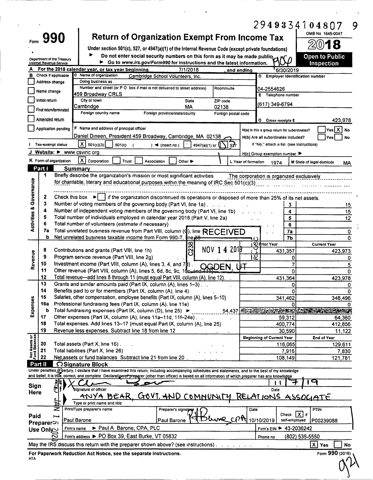 Image of first page of 2018 Form 990 for Cambridge School Volunteers