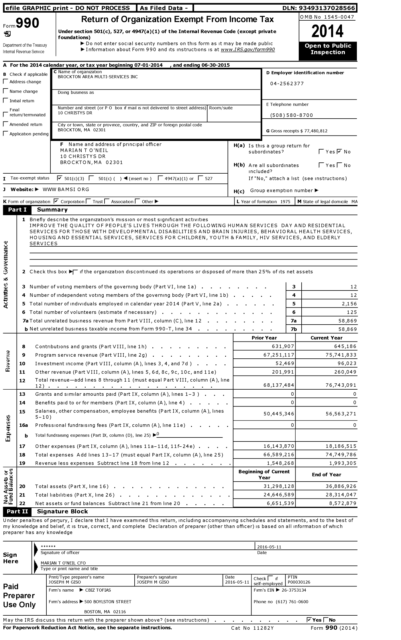 Image of first page of 2014 Form 990 for Brockton Area Multi-Services (BAMSI)